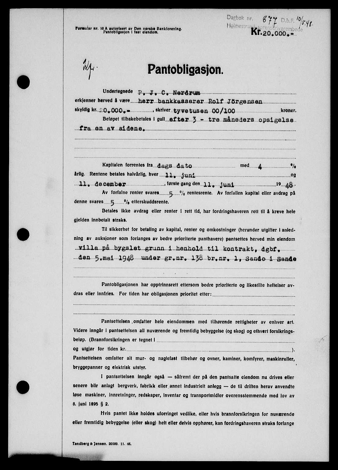 Holmestrand sorenskriveri, SAKO/A-67/G/Ga/Gab/L0058: Pantebok nr. B-58, 1947-1948, Dagboknr: 877/1948