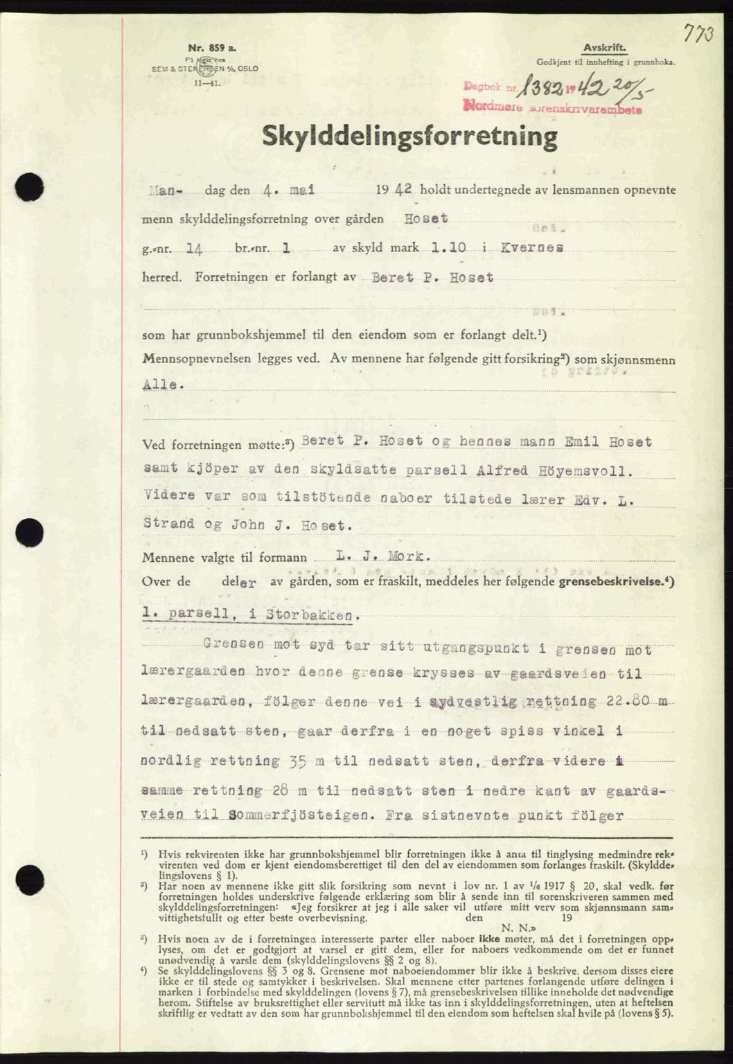 Nordmøre sorenskriveri, SAT/A-4132/1/2/2Ca: Pantebok nr. A92, 1942-1942, Dagboknr: 1382/1942