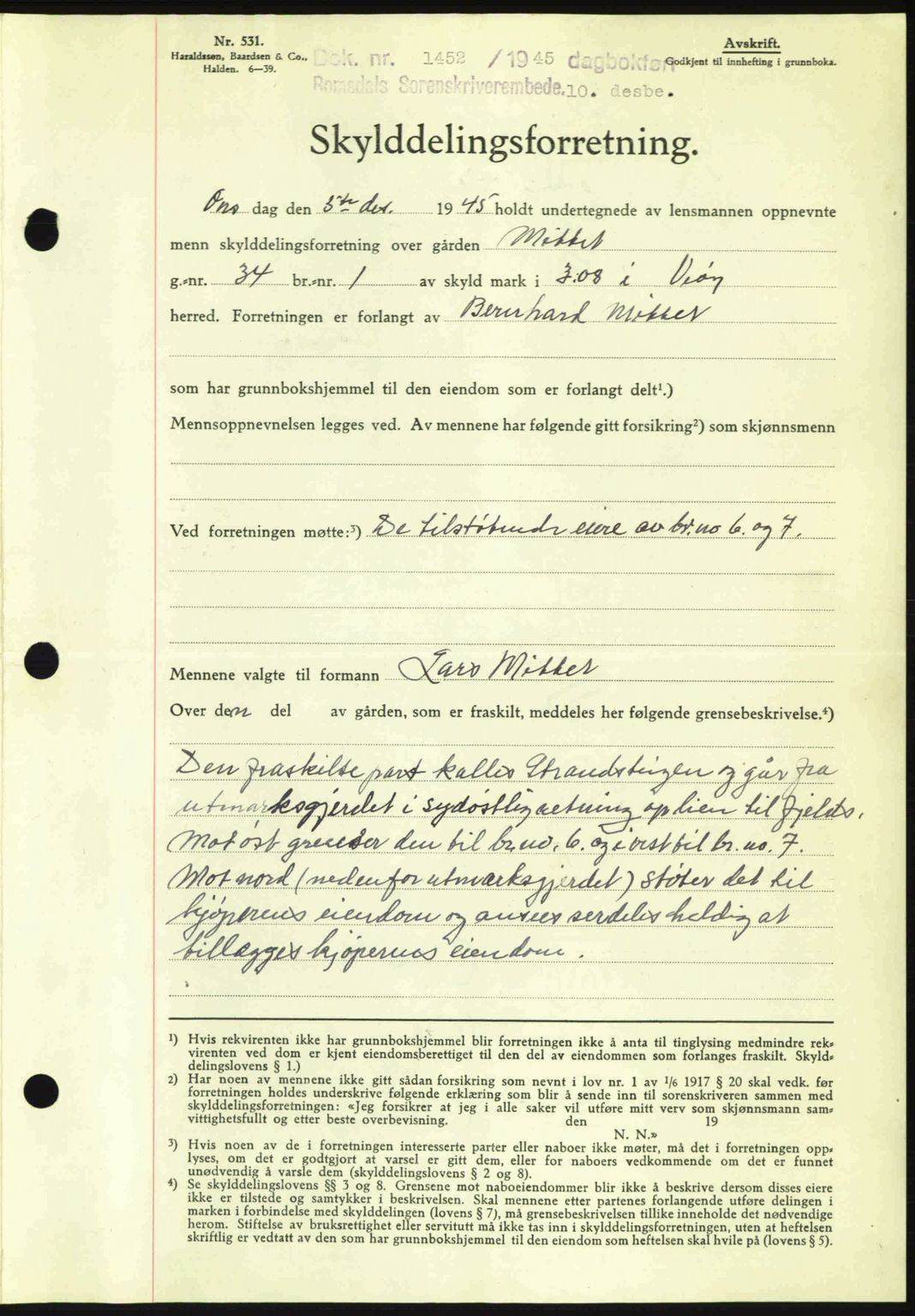 Romsdal sorenskriveri, SAT/A-4149/1/2/2C: Pantebok nr. A18, 1945-1945, Dagboknr: 1452/1945