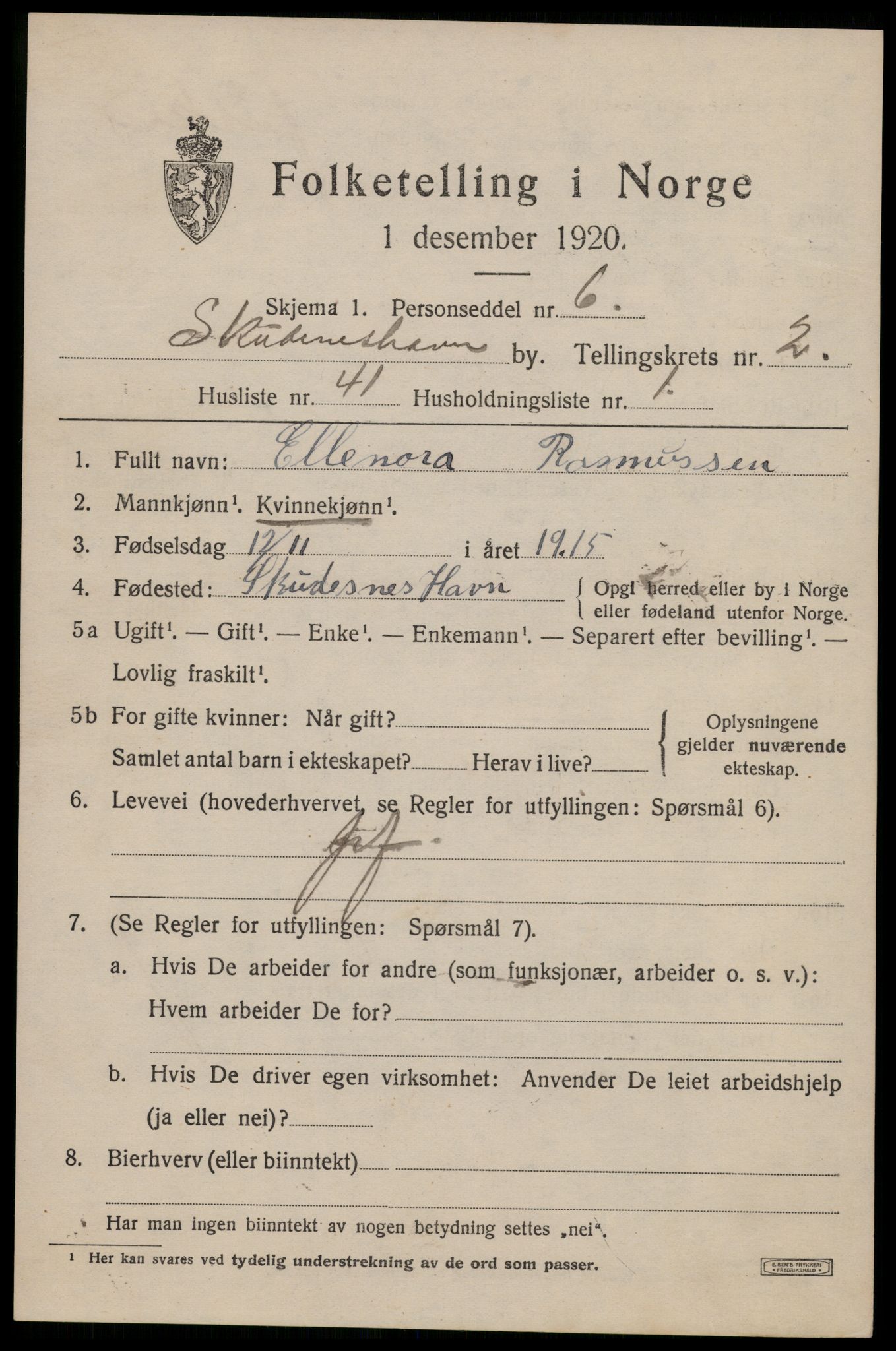 SAST, Folketelling 1920 for 1104 Skudeneshavn ladested, 1920, s. 2906