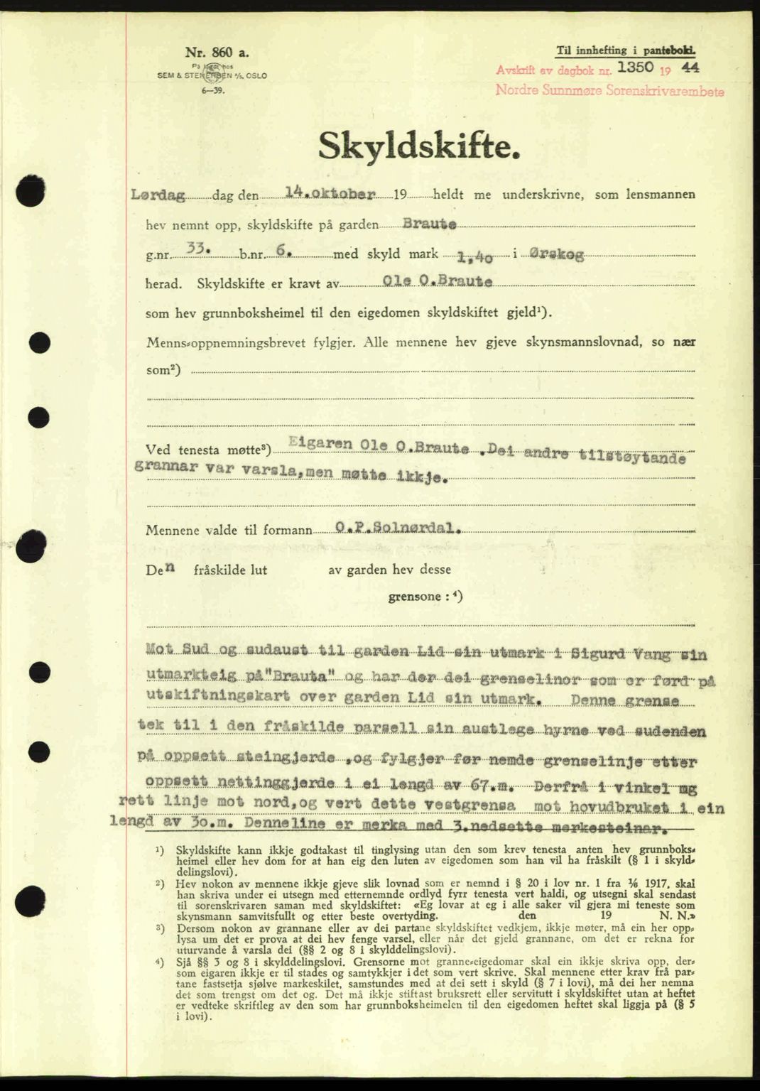 Nordre Sunnmøre sorenskriveri, SAT/A-0006/1/2/2C/2Ca: Pantebok nr. A18, 1944-1944, Dagboknr: 1350/1944