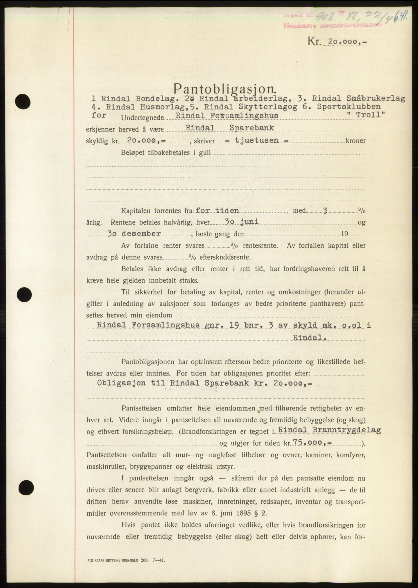 Nordmøre sorenskriveri, SAT/A-4132/1/2/2Ca: Pantebok nr. B98, 1948-1948, Dagboknr: 908/1948
