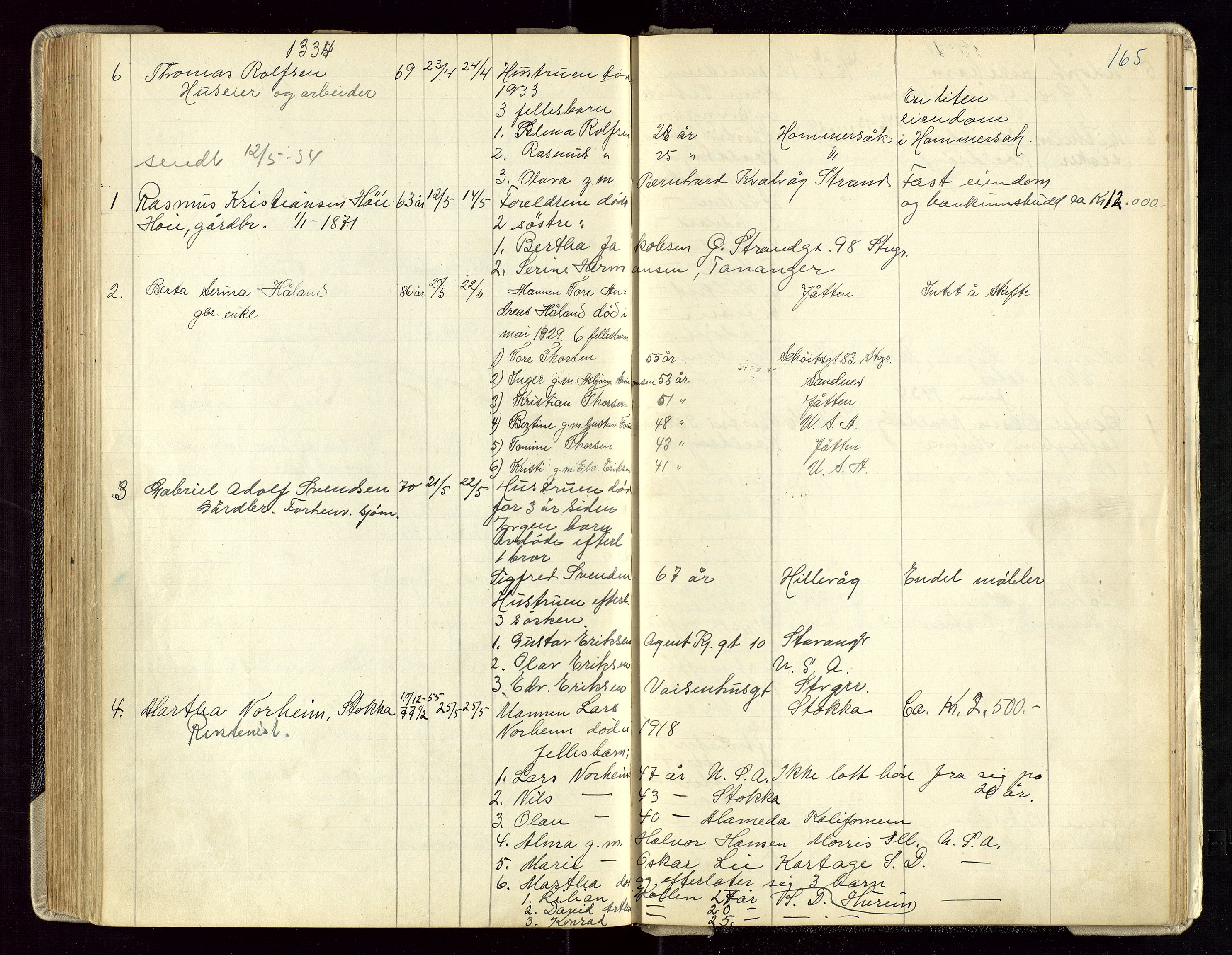 Hetland lensmannskontor, AV/SAST-A-100101/Gga/L0003: Dødsfallprotokoll (med alfabetisk navneregister), 1921-1936, s. 165