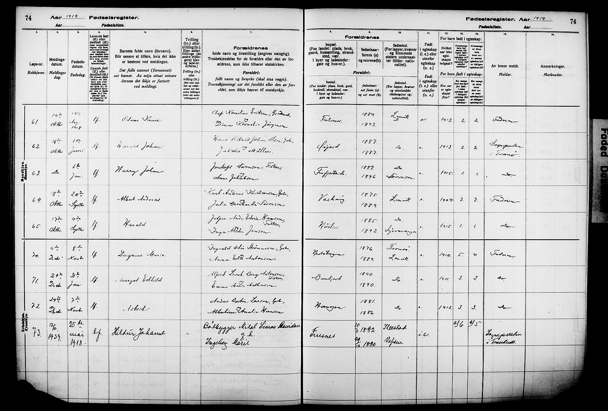 Lenvik sokneprestembete, AV/SATØ-S-1310/I/Ic/L0089: Fødselsregister nr. 89, 1916-1926, s. 74