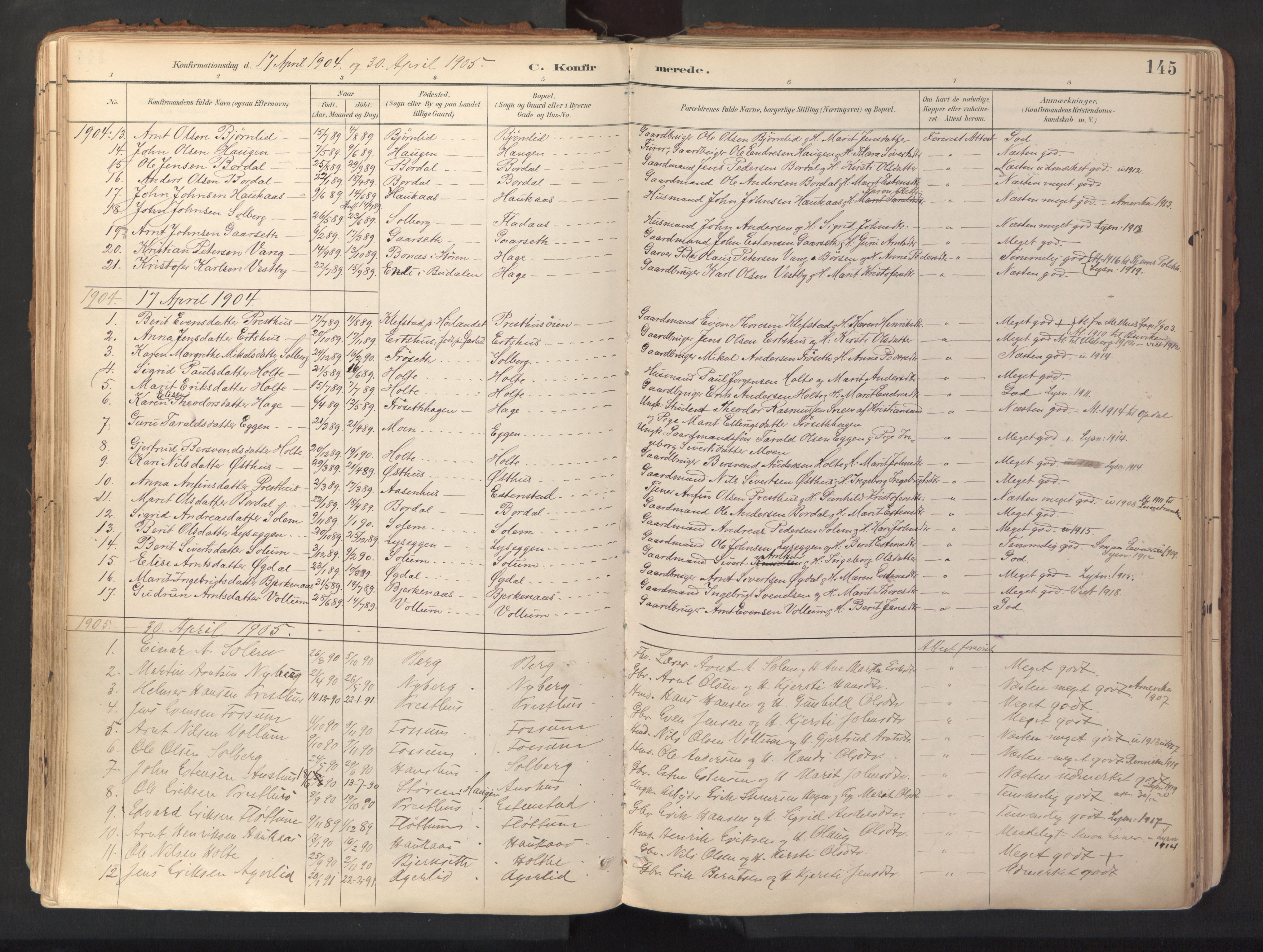 Ministerialprotokoller, klokkerbøker og fødselsregistre - Sør-Trøndelag, AV/SAT-A-1456/689/L1041: Ministerialbok nr. 689A06, 1891-1923, s. 145