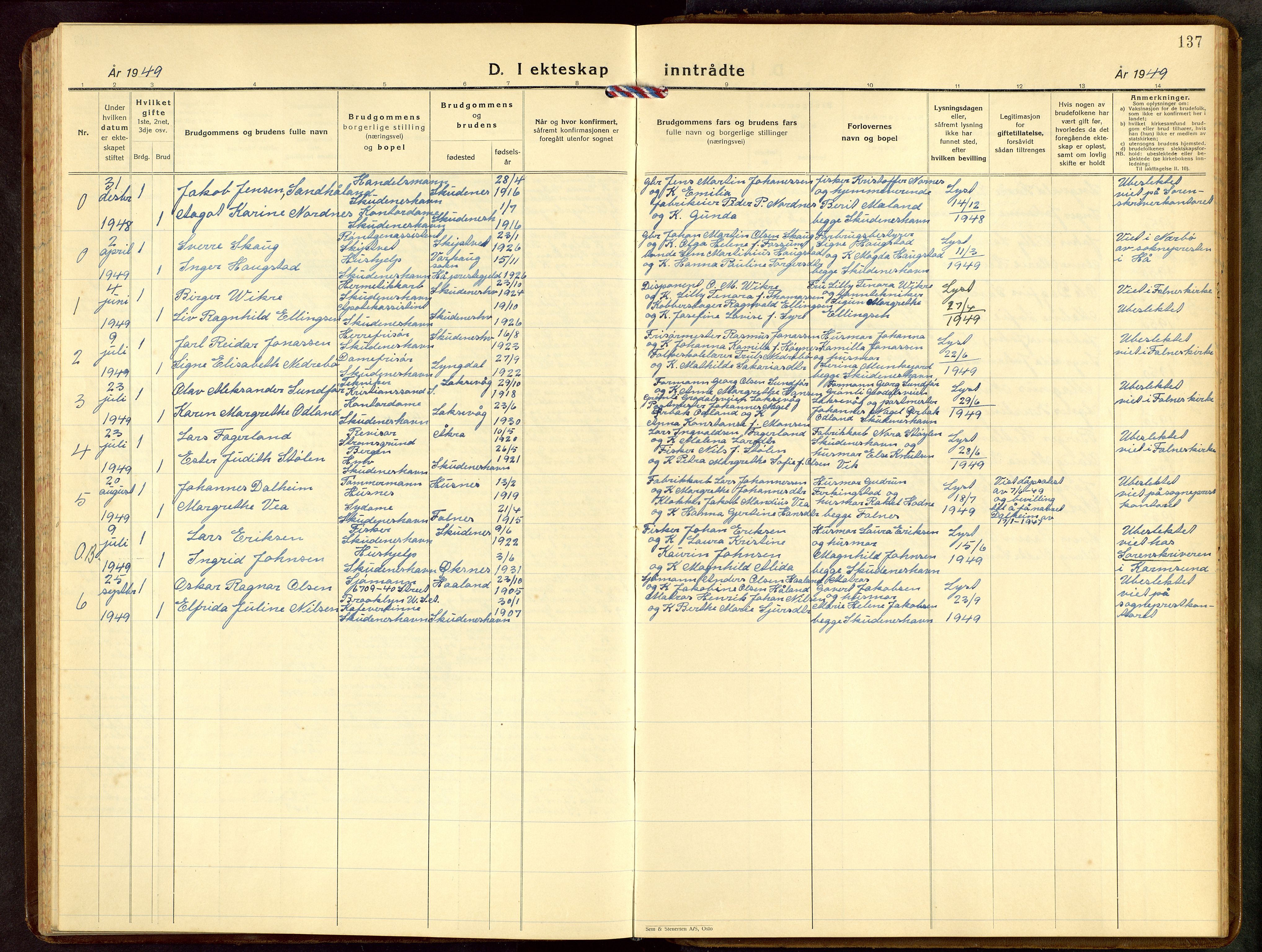 Skudenes sokneprestkontor, AV/SAST-A -101849/H/Ha/Hab/L0014: Klokkerbok nr. B 14, 1937-1956, s. 137