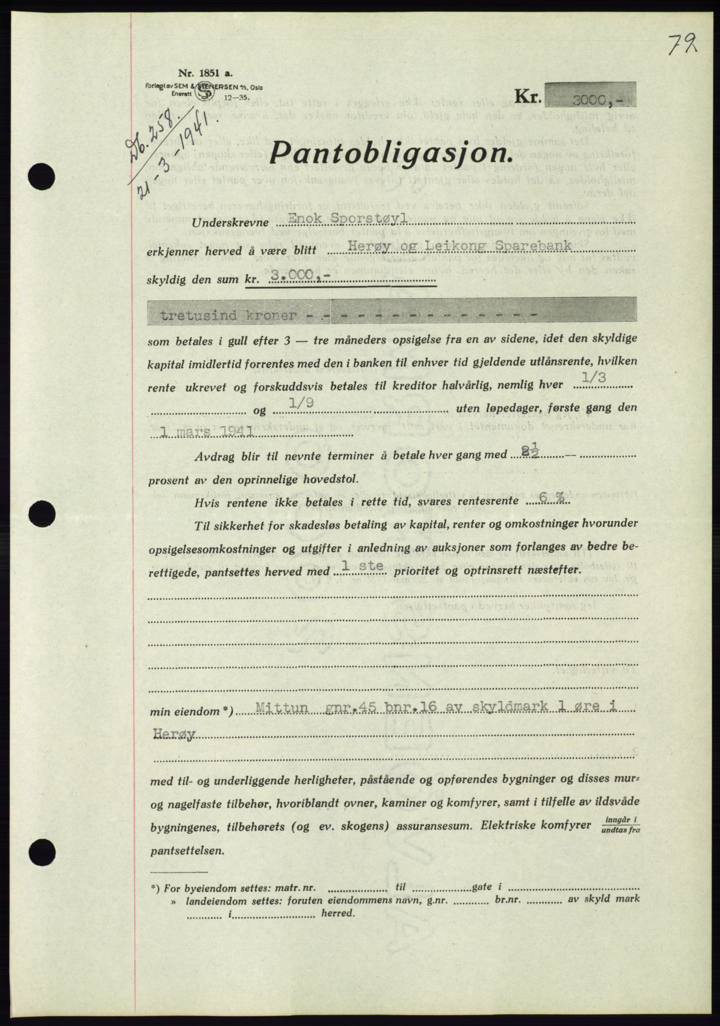 Søre Sunnmøre sorenskriveri, AV/SAT-A-4122/1/2/2C/L0071: Pantebok nr. 65, 1941-1941, Dagboknr: 258/1941