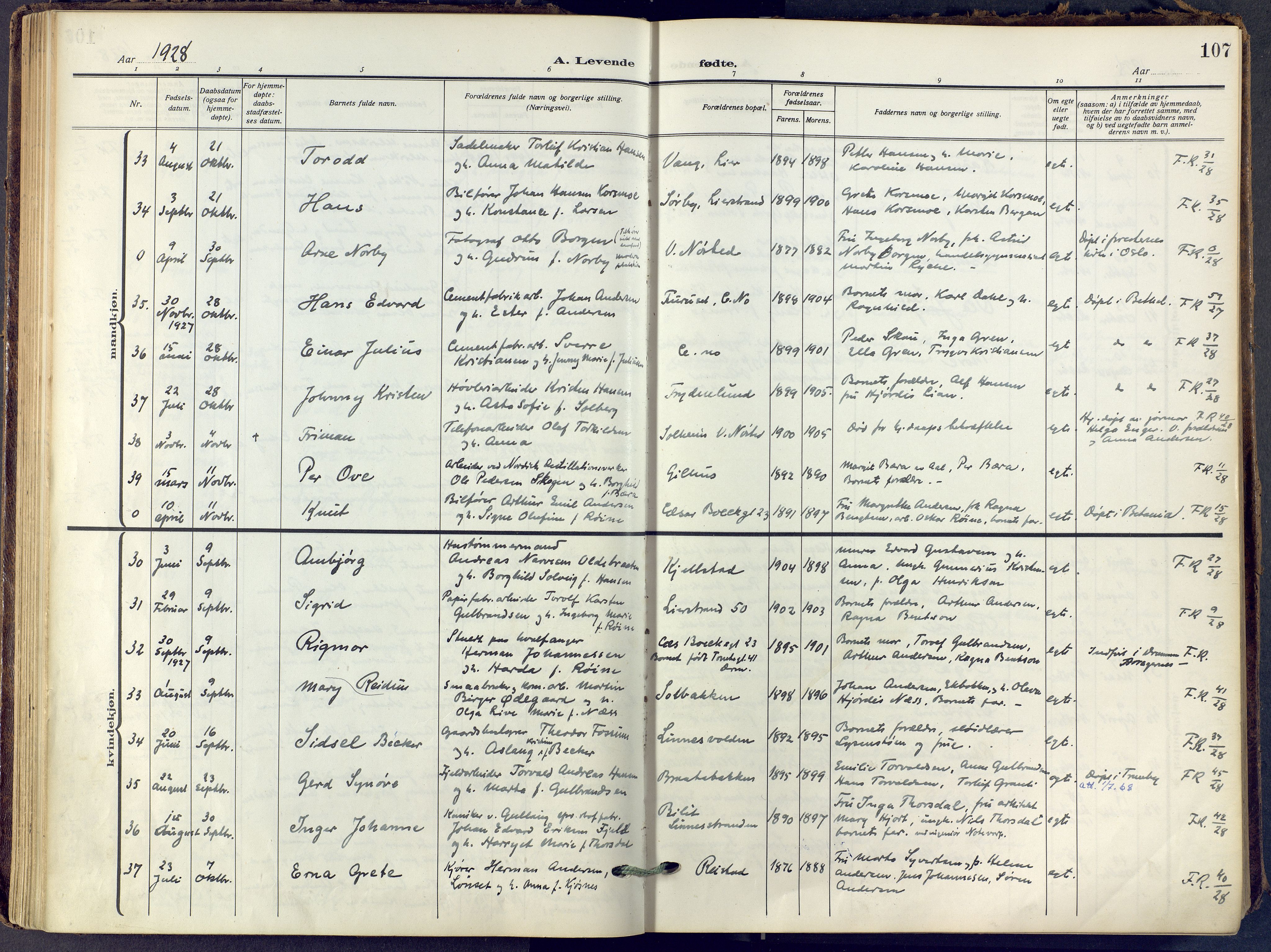 Lier kirkebøker, SAKO/A-230/F/Fa/L0019: Ministerialbok nr. I 19, 1918-1928, s. 107