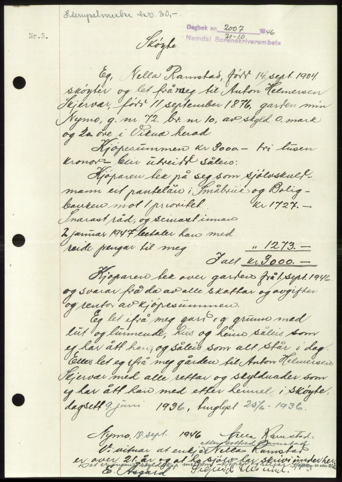 Namdal sorenskriveri, SAT/A-4133/1/2/2C: Pantebok nr. -, 1946-1947, Dagboknr: 2007/1946