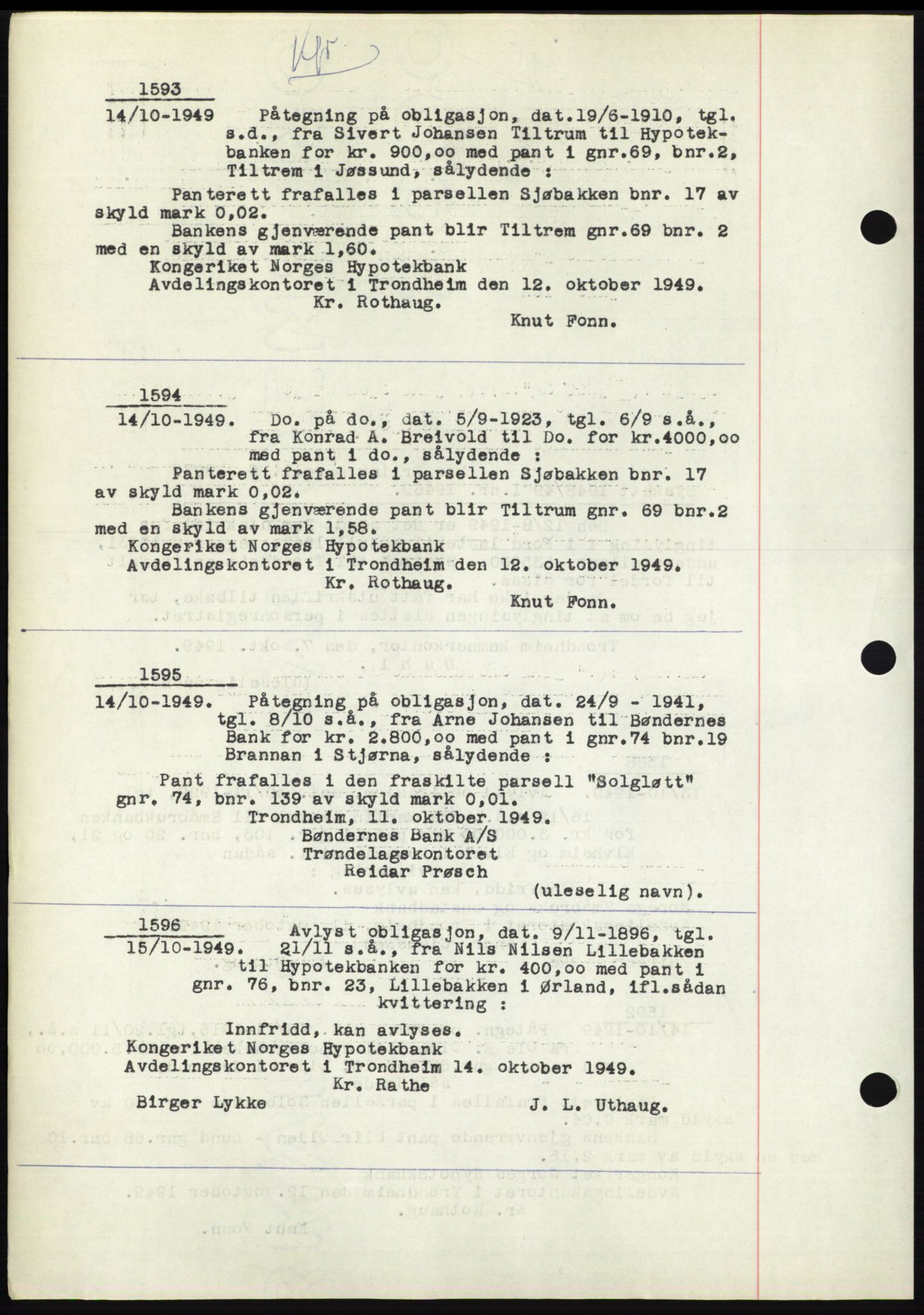 Fosen sorenskriveri, AV/SAT-A-1107/1/2/2C: Pantebok nr. B3, 1948-1950, Dagboknr: 1593/1949