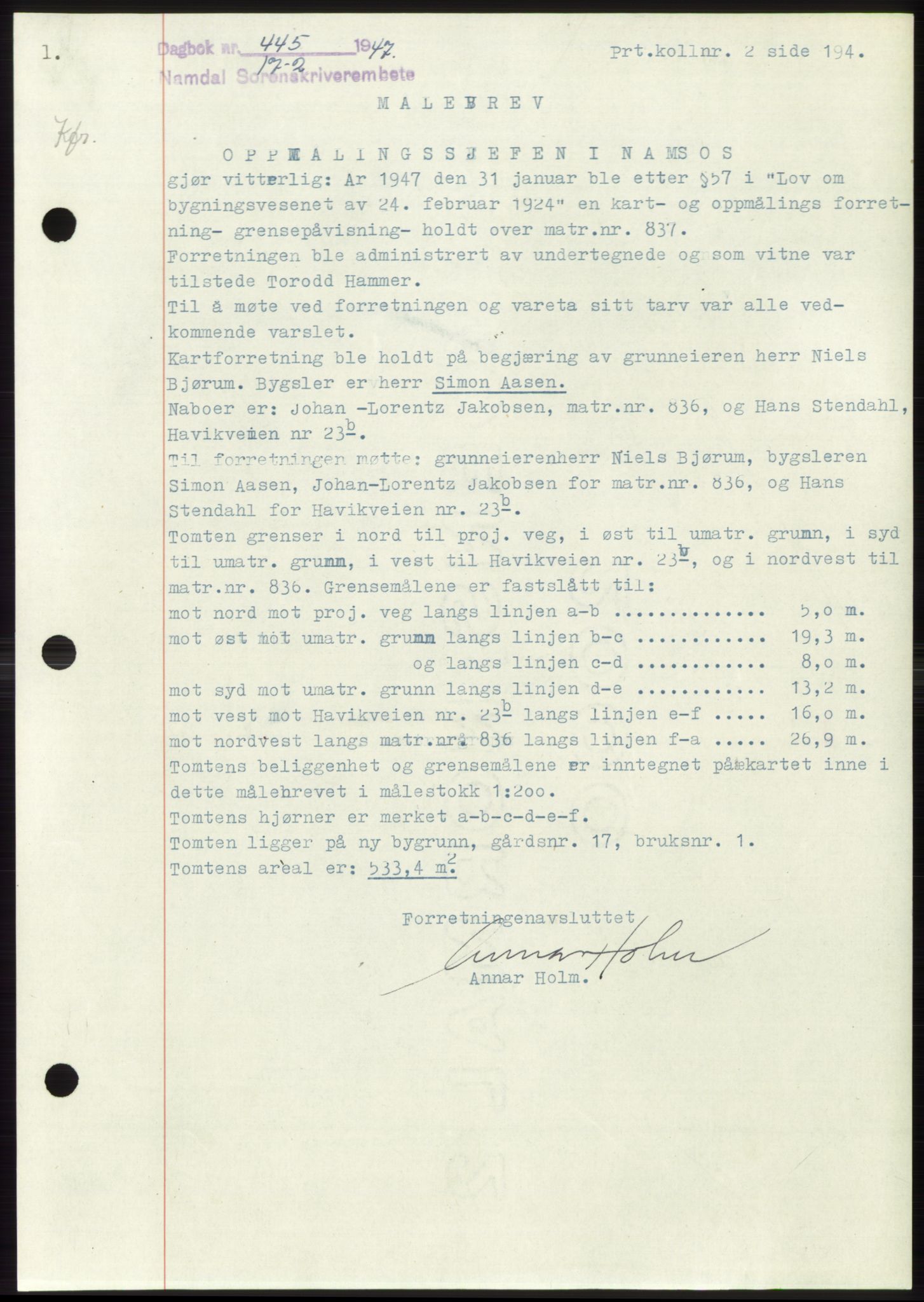 Namdal sorenskriveri, SAT/A-4133/1/2/2C: Pantebok nr. -, 1946-1947, Dagboknr: 445/1947
