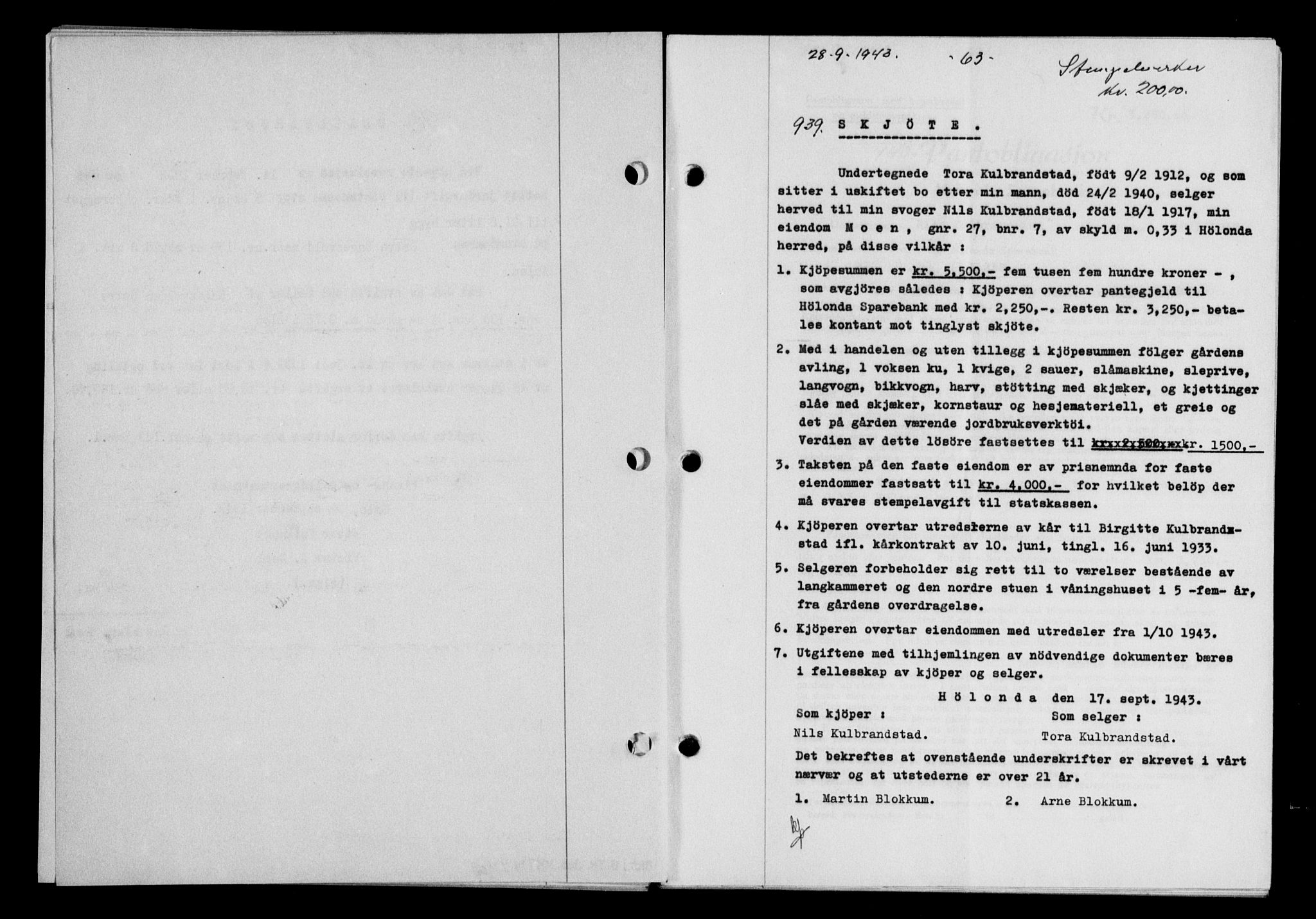 Gauldal sorenskriveri, SAT/A-0014/1/2/2C/L0057: Pantebok nr. 62, 1943-1944, Dagboknr: 939/1943