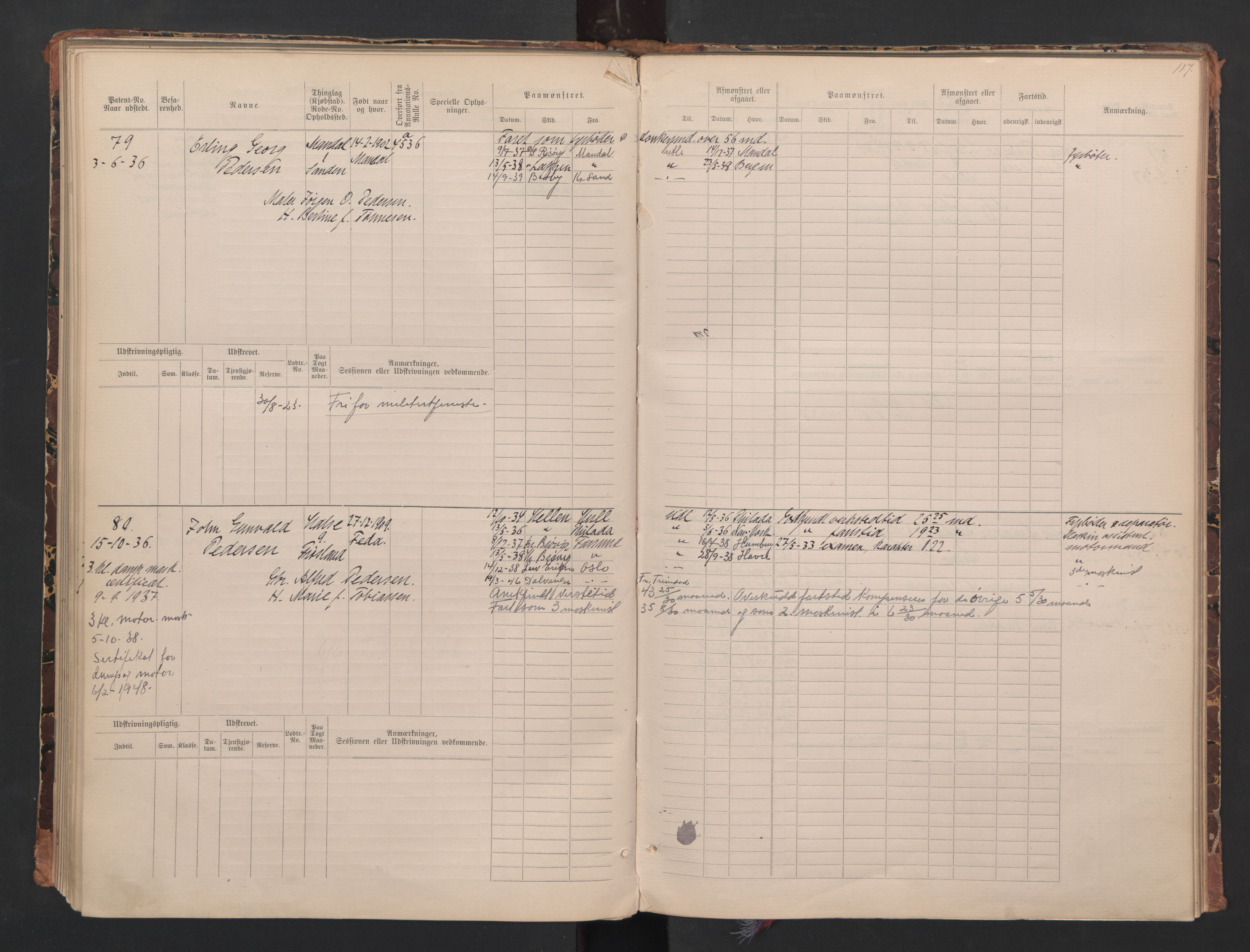Mandal mønstringskrets, SAK/2031-0016/F/Fa/L0008: Annotasjonsrulle nr 1-3, hovedrulle nr 1-122, maskinister og fyrbøtere, med register, Y-18, 1883-1948, s. 74
