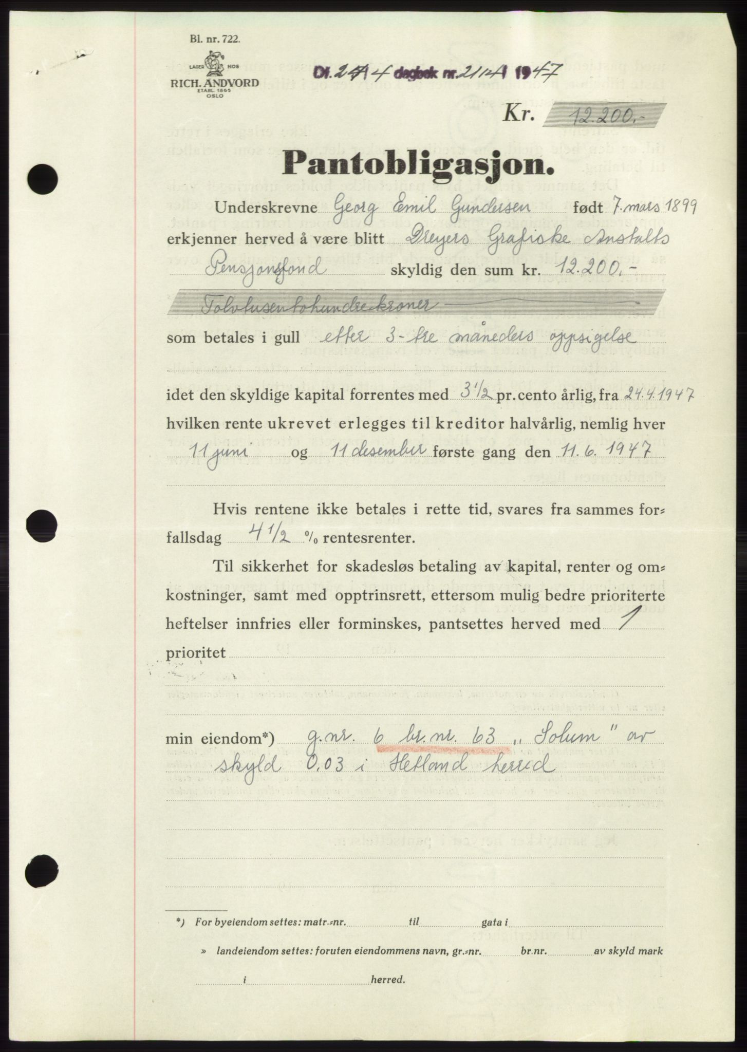 Jæren sorenskriveri, SAST/A-100310/03/G/Gba/L0094: Pantebok, 1947-1947, Dagboknr: 2114/1947
