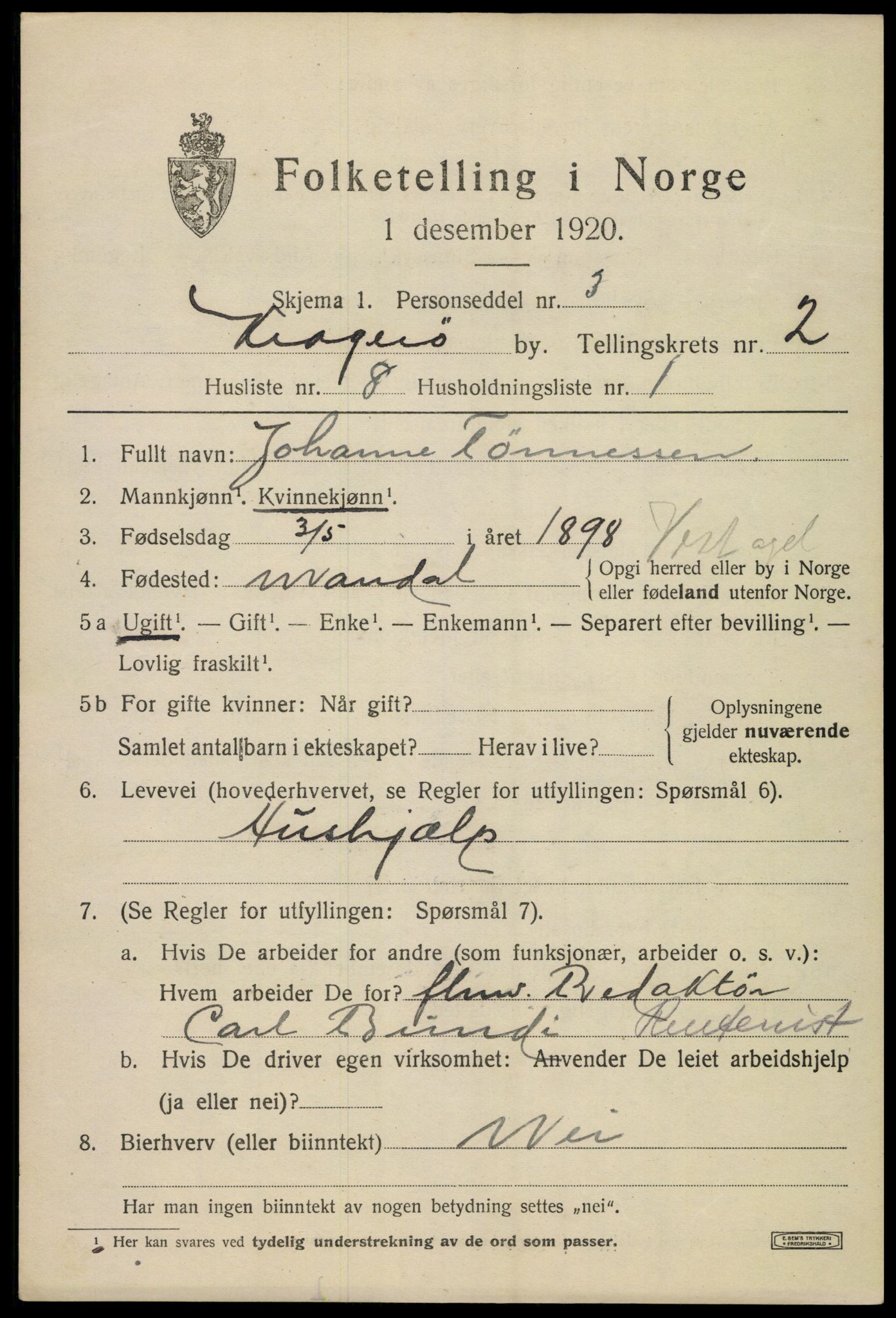 SAKO, Folketelling 1920 for 0801 Kragerø kjøpstad, 1920, s. 5419