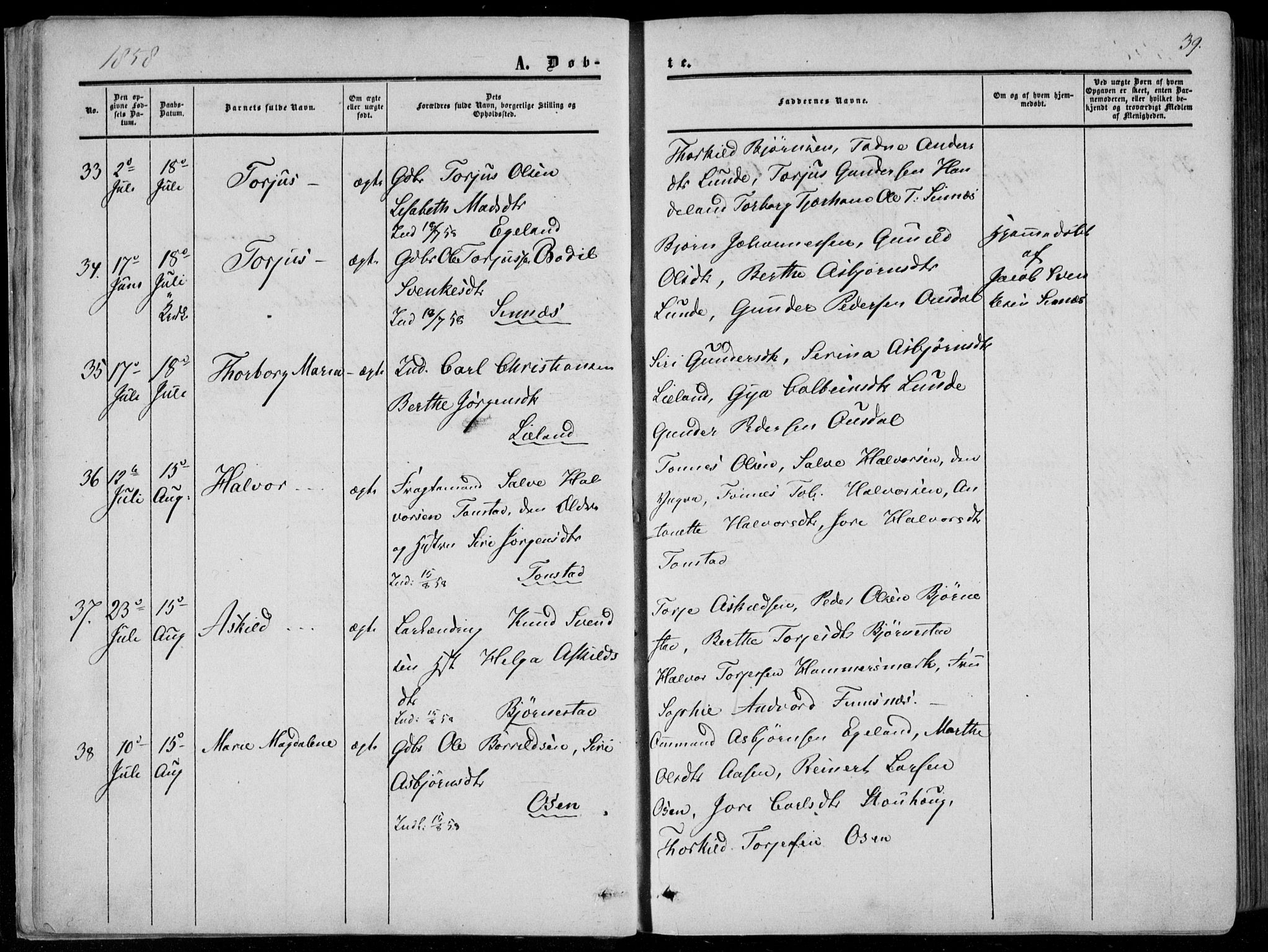 Sirdal sokneprestkontor, AV/SAK-1111-0036/F/Fa/Fab/L0002: Ministerialbok nr. A 2, 1855-1874, s. 39