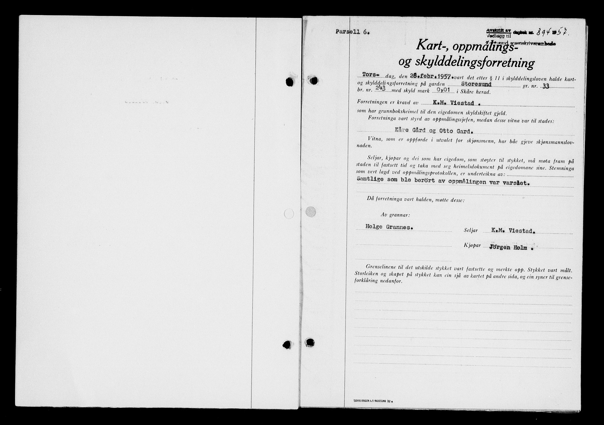 Karmsund sorenskriveri, SAST/A-100311/01/II/IIB/L0124: Pantebok nr. 104A, 1957-1957, Dagboknr: 894/1957