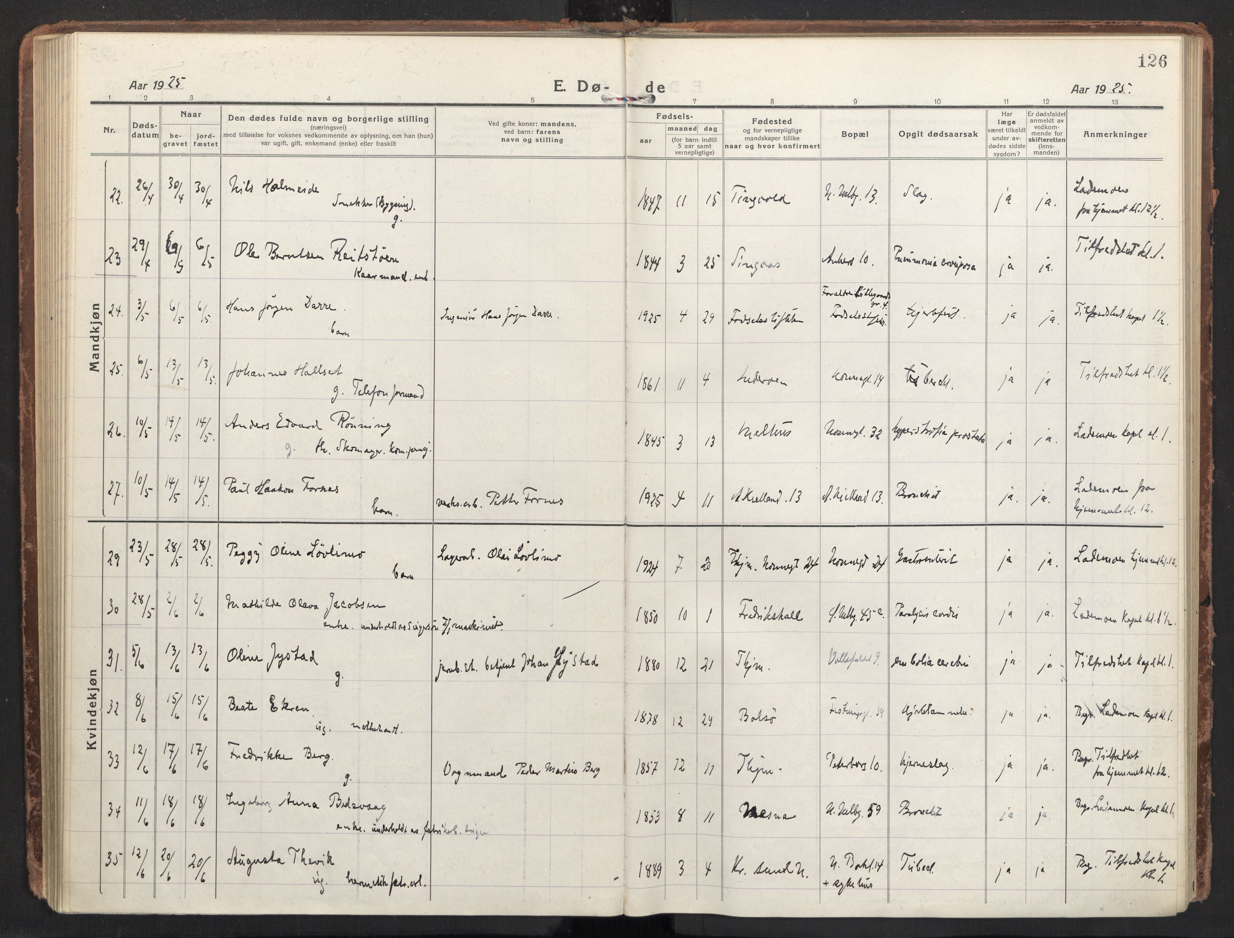 Ministerialprotokoller, klokkerbøker og fødselsregistre - Sør-Trøndelag, SAT/A-1456/604/L0207: Ministerialbok nr. 604A27, 1917-1933, s. 126