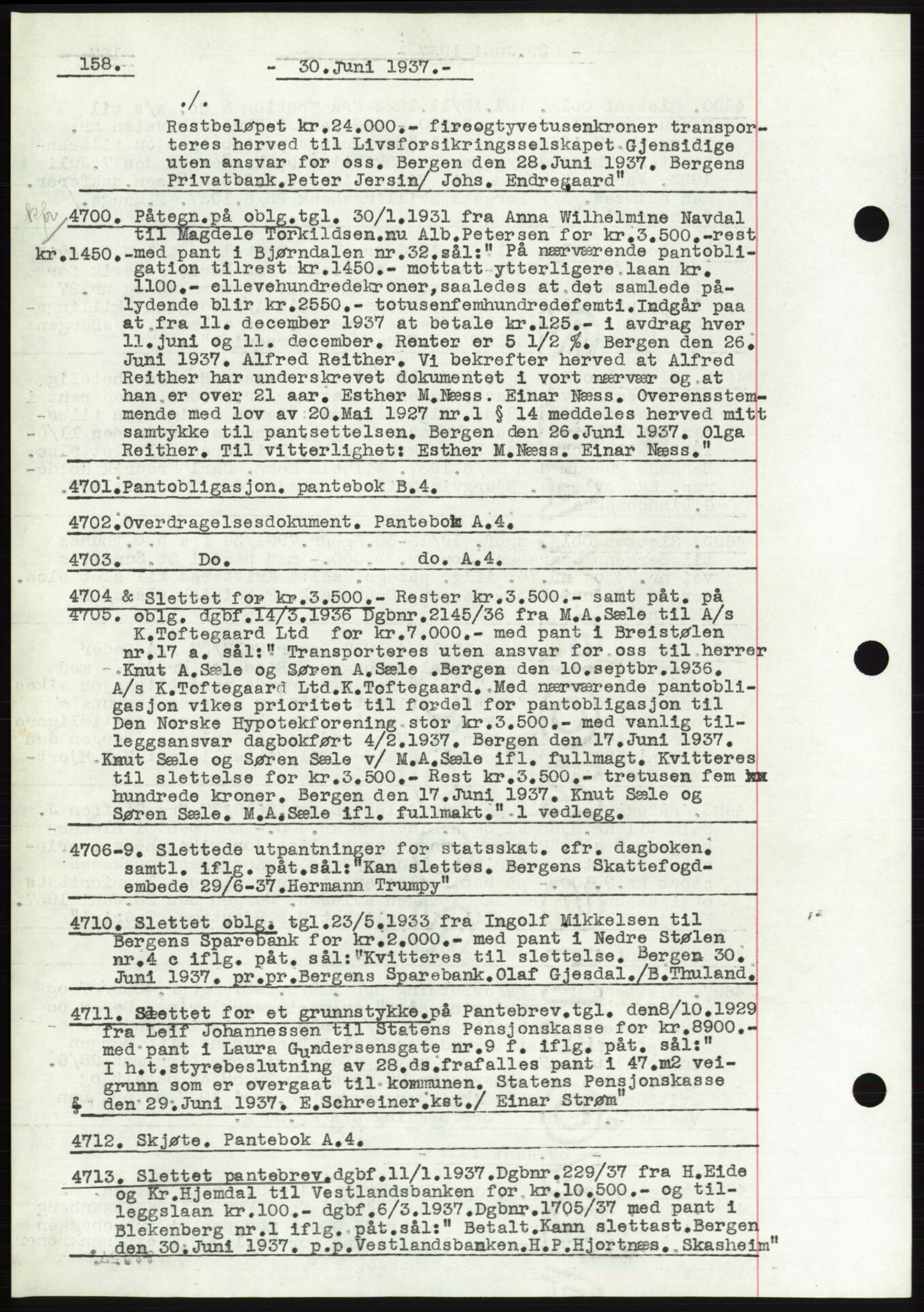 Byfogd og Byskriver i Bergen, SAB/A-3401/03: Pantebok nr. C 4, 1937-1937, Dagboknr: 4700/1937