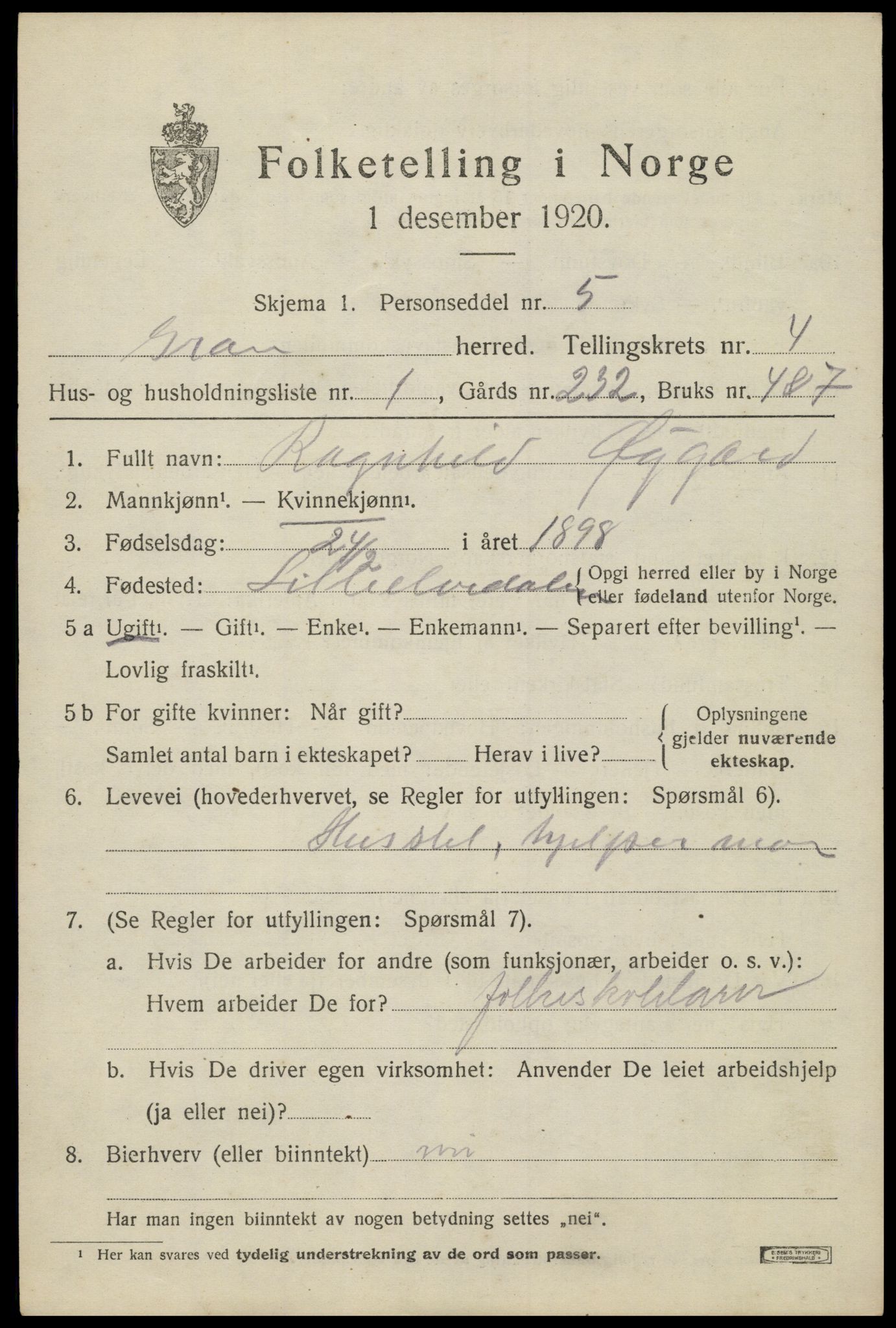 SAH, Folketelling 1920 for 0534 Gran herred, 1920, s. 6346