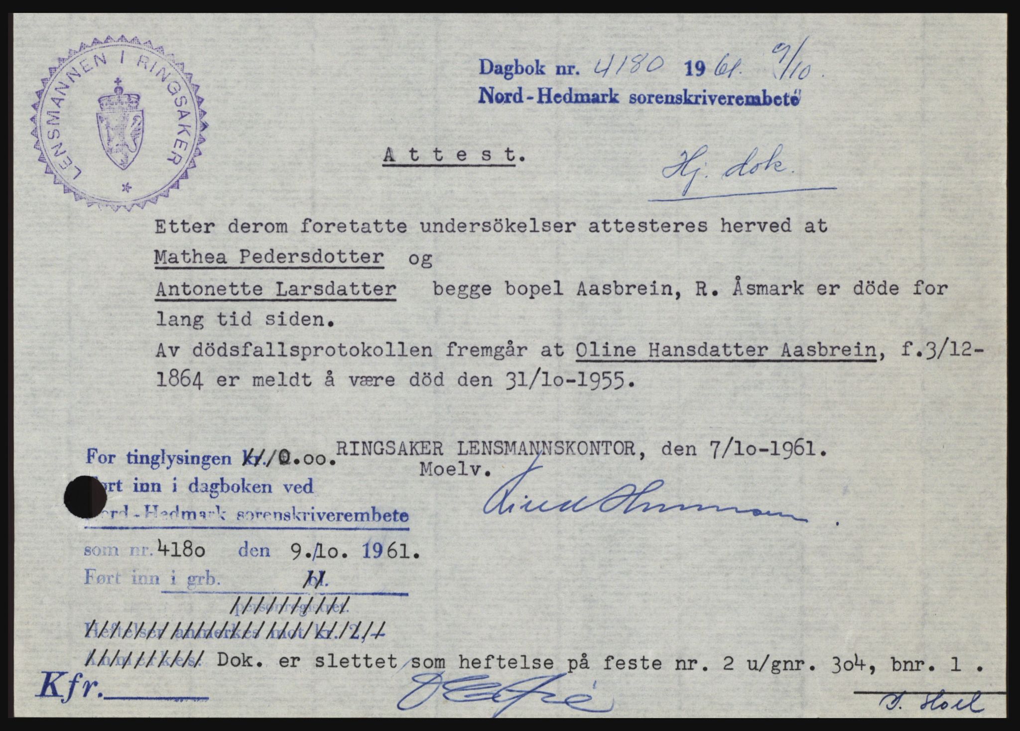 Nord-Hedmark sorenskriveri, SAH/TING-012/H/Hc/L0015: Pantebok nr. 15, 1961-1961, Dagboknr: 4180/1961