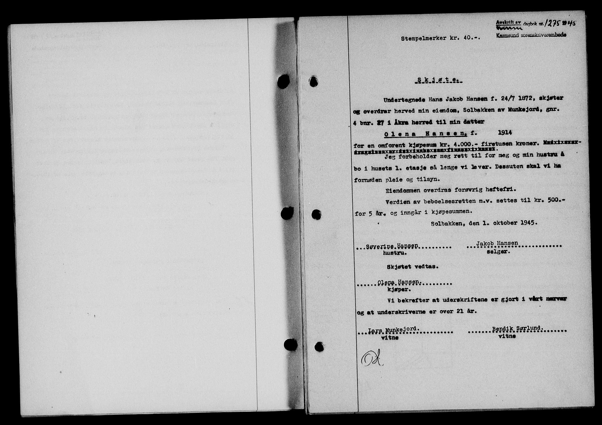 Karmsund sorenskriveri, SAST/A-100311/01/II/IIB/L0084: Pantebok nr. 65A, 1945-1946, Dagboknr: 1275/1945