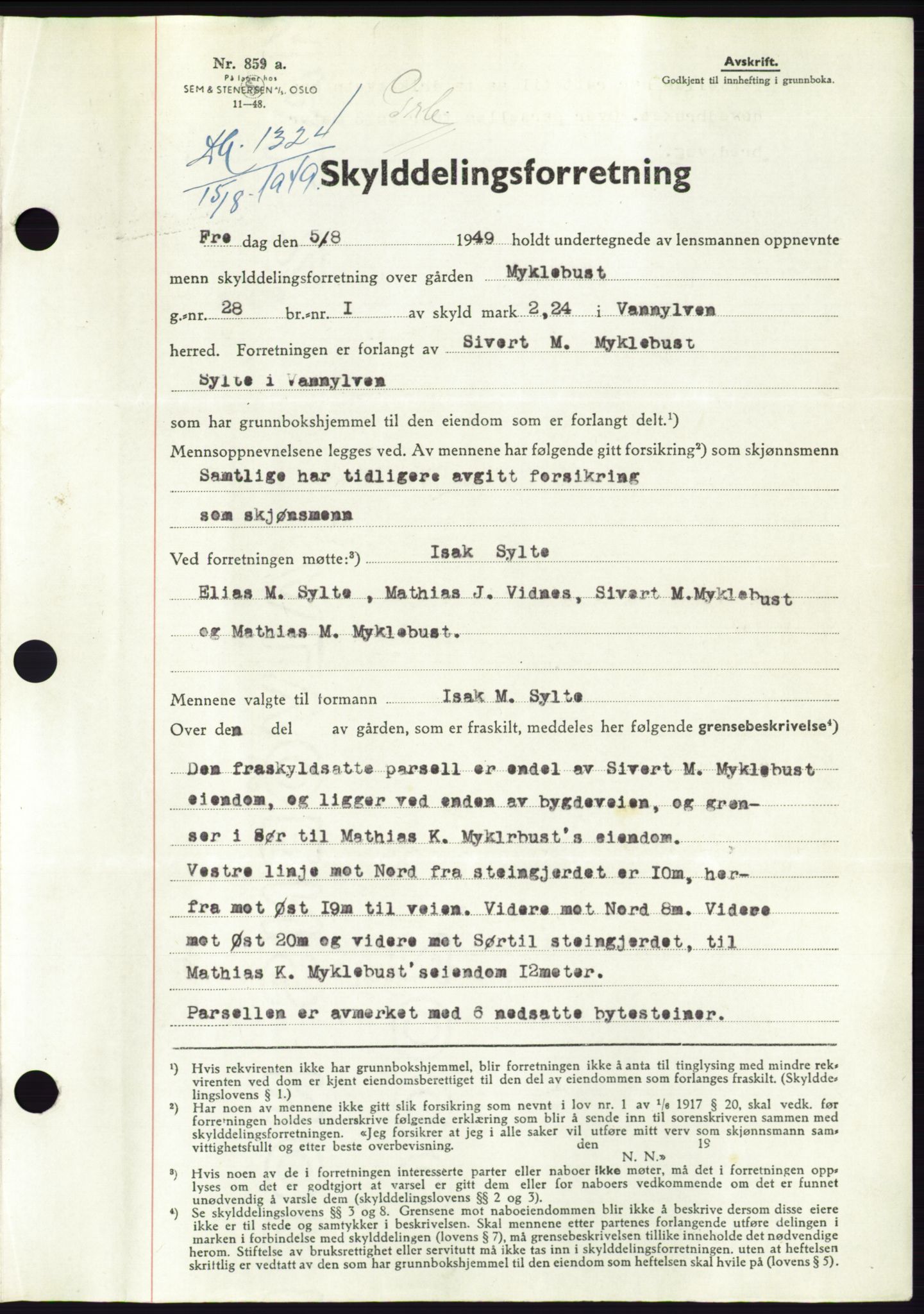 Søre Sunnmøre sorenskriveri, AV/SAT-A-4122/1/2/2C/L0085: Pantebok nr. 11A, 1949-1949, Dagboknr: 1324/1949