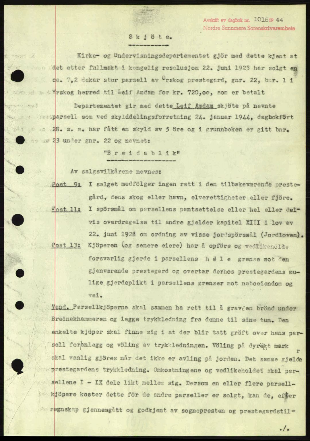 Nordre Sunnmøre sorenskriveri, SAT/A-0006/1/2/2C/2Ca: Pantebok nr. A18, 1944-1944, Dagboknr: 1015/1944