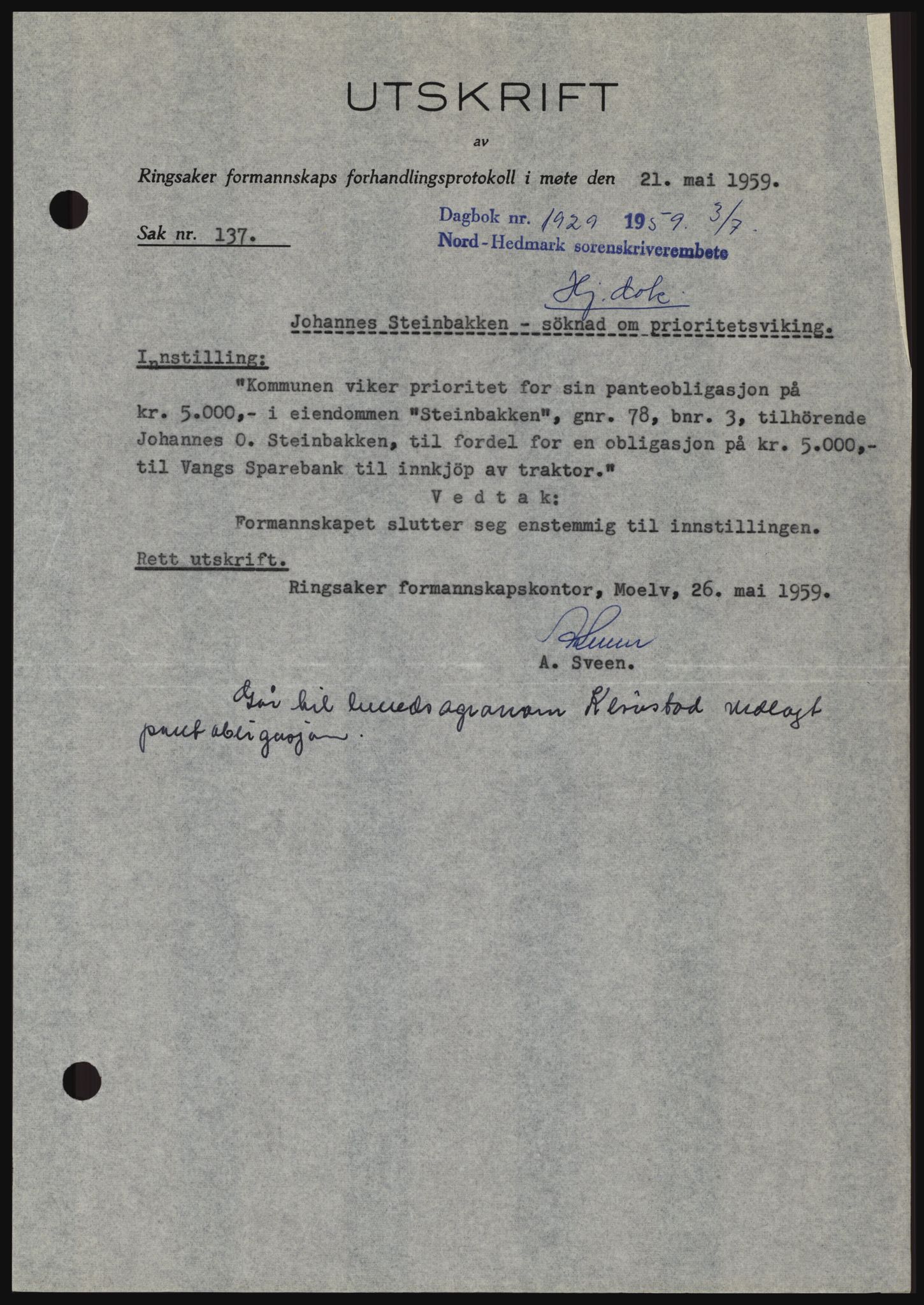 Nord-Hedmark sorenskriveri, SAH/TING-012/H/Hc/L0013: Pantebok nr. 13, 1959-1960, Dagboknr: 1929/1959