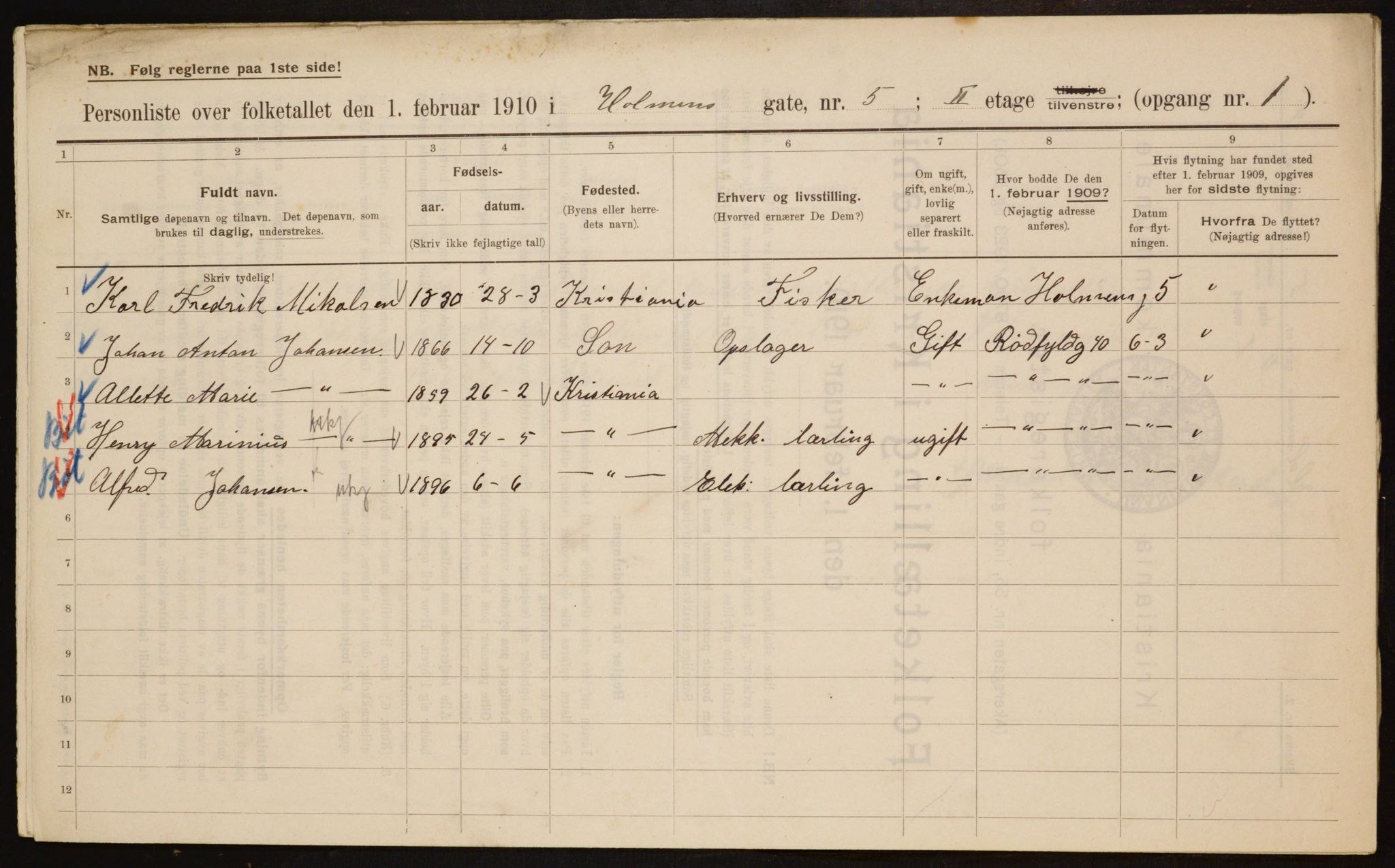 OBA, Kommunal folketelling 1.2.1910 for Kristiania, 1910, s. 40055