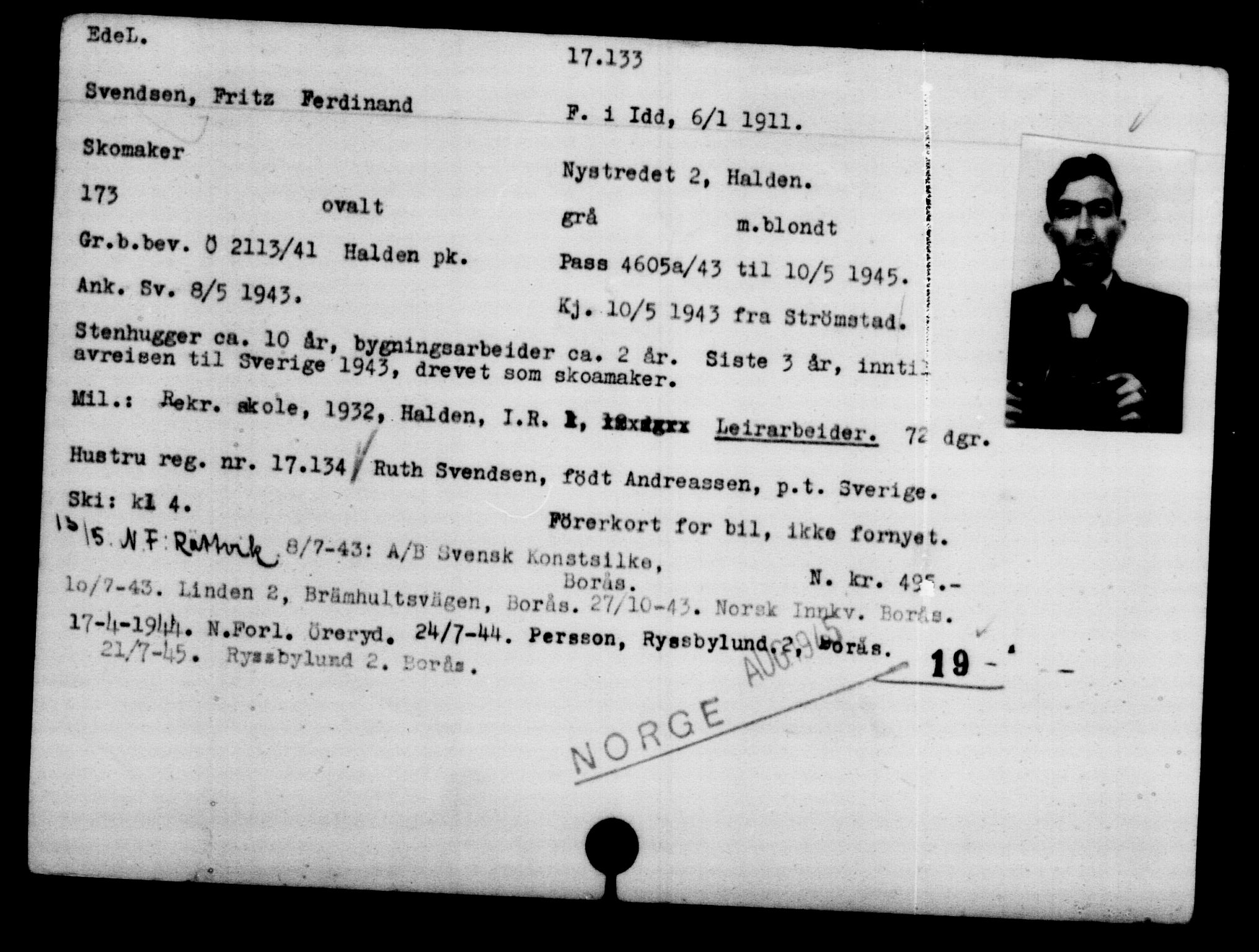 Utenriksstasjonene, Legasjonen i Stockholm, Flyktningkontoret, AV/RA-S-6753/V/Va/L0008: Kjesäterkartoteket, flyktninger med registreringsnr. 15700-18547, 1940-1945, s. 1577