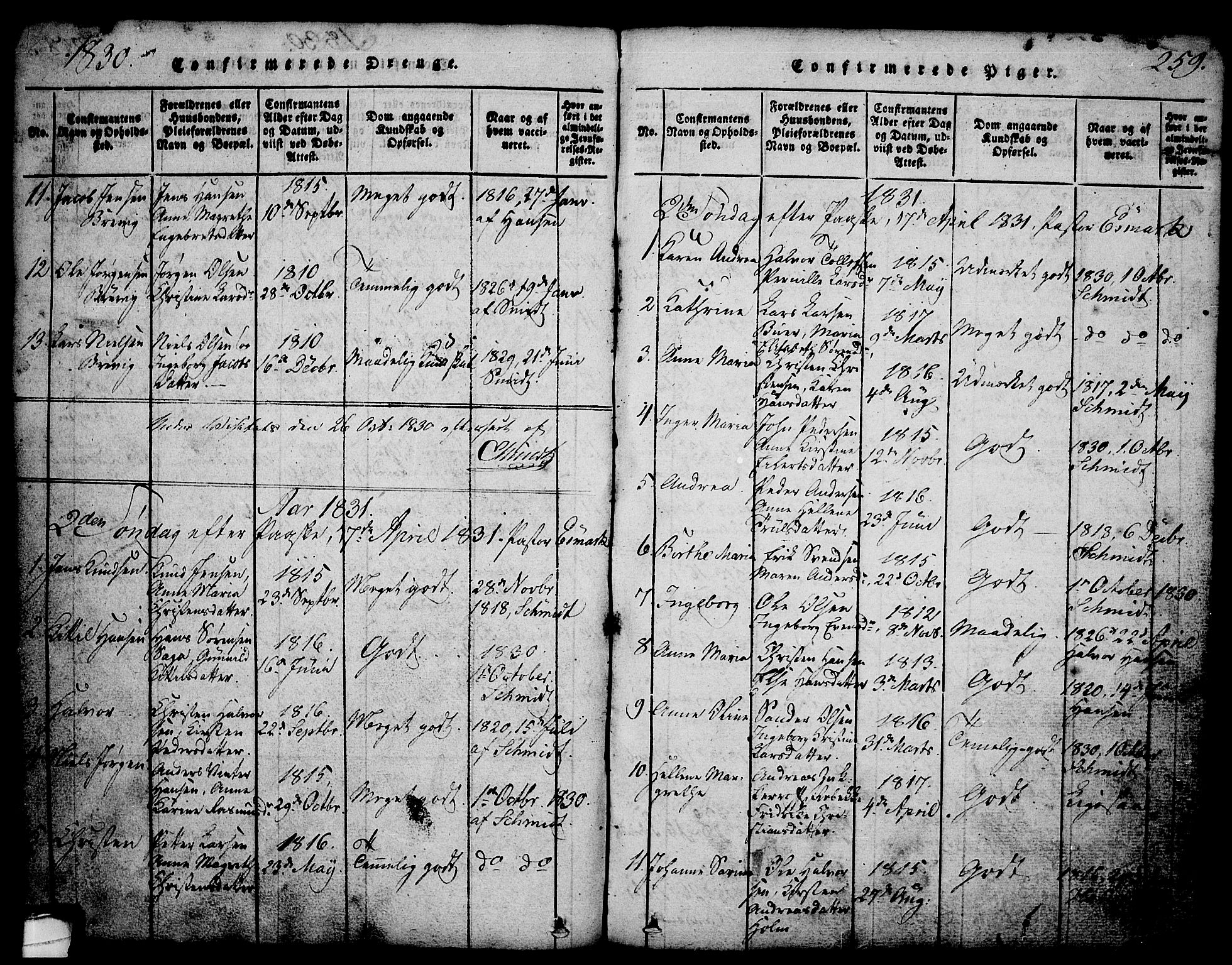 Brevik kirkebøker, AV/SAKO-A-255/G/Ga/L0001: Klokkerbok nr. 1, 1814-1845, s. 259