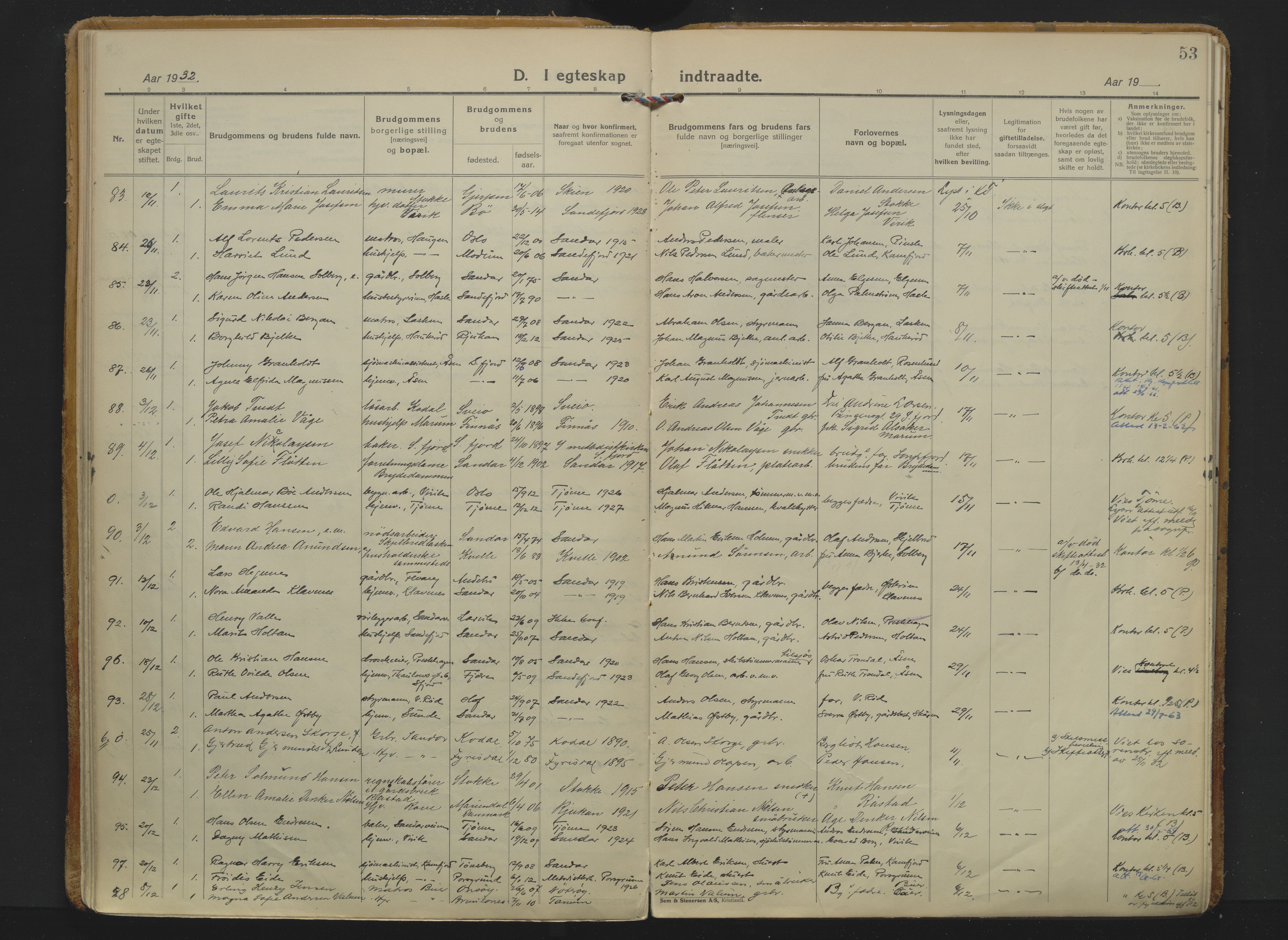 Sandar kirkebøker, AV/SAKO-A-243/F/Fa/L0023: Ministerialbok nr. 23, 1924-1932, s. 53
