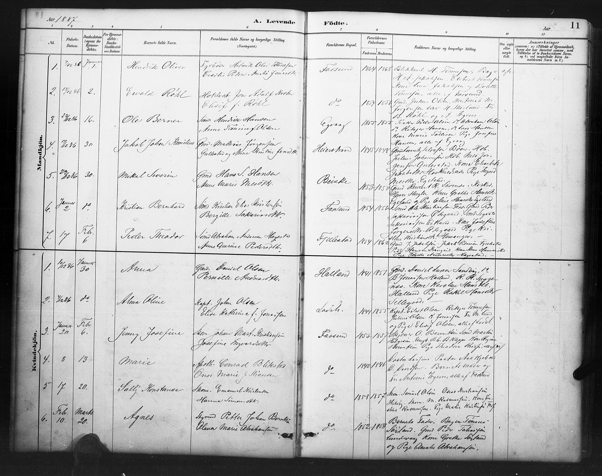 Farsund sokneprestkontor, AV/SAK-1111-0009/F/Fb/L0001: Klokkerbok nr. B 1, 1886-1931, s. 11