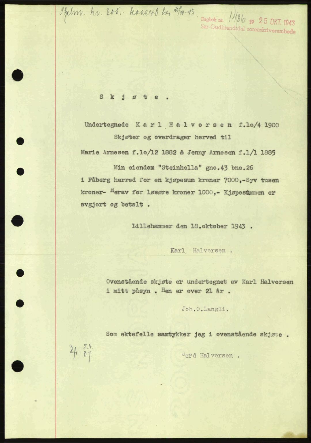 Sør-Gudbrandsdal tingrett, SAH/TING-004/H/Hb/Hbd/L0012: Pantebok nr. A12, 1943-1944, Dagboknr: 1486/1943