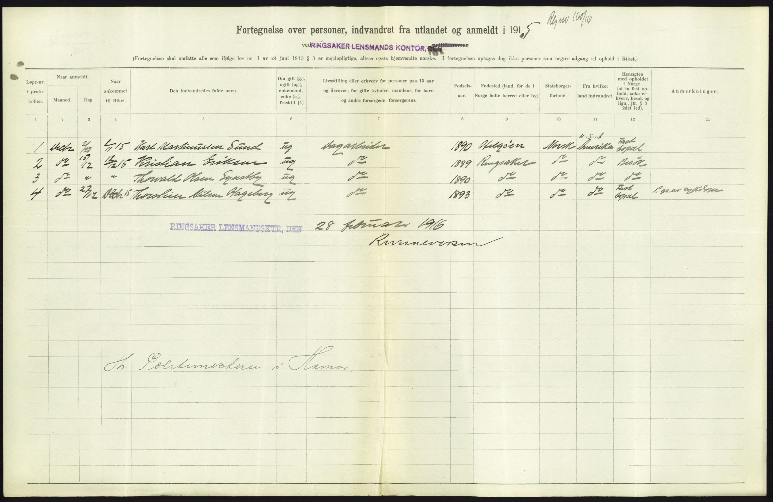 Statistisk sentralbyrå, Sosioøkonomiske emner, Folketellinger, boliger og boforhold, RA/S-2231/F/Fa/L0001: Innvandring. Navn/fylkesvis, 1915, s. 251