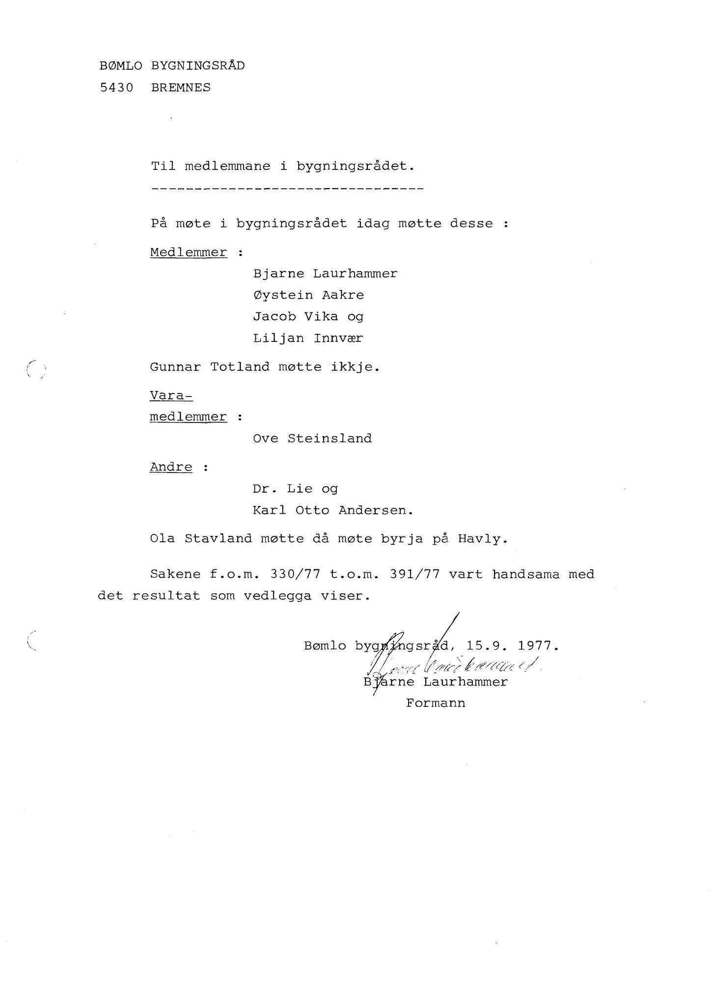 Bømlo kommune. Bygningsrådet , IKAH/1219-511/A/Aa/L0019: Møtebok for Bømlo bygningsråd, 1977