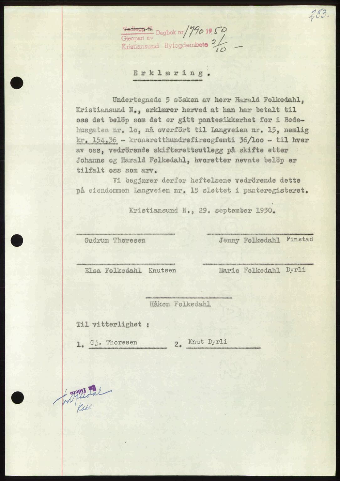 Kristiansund byfogd, AV/SAT-A-4587/A/27: Pantebok nr. 50, 1950-1950, Dagboknr: 1790/1950