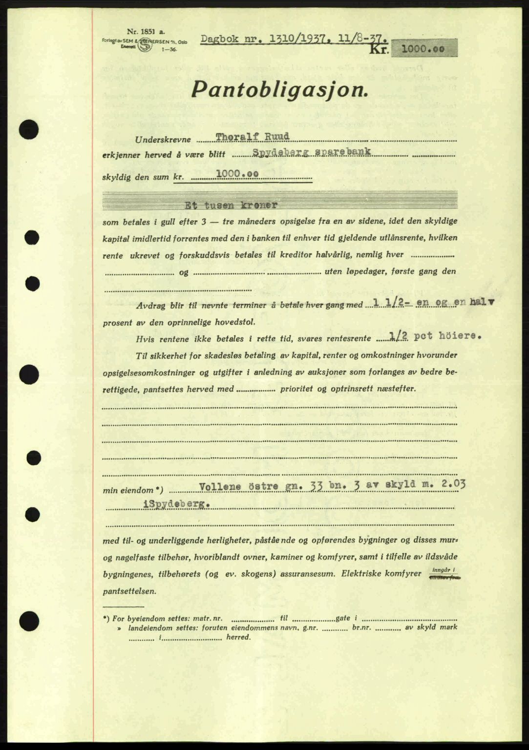 Moss sorenskriveri, SAO/A-10168: Pantebok nr. B3, 1937-1937, Dagboknr: 1310/1937