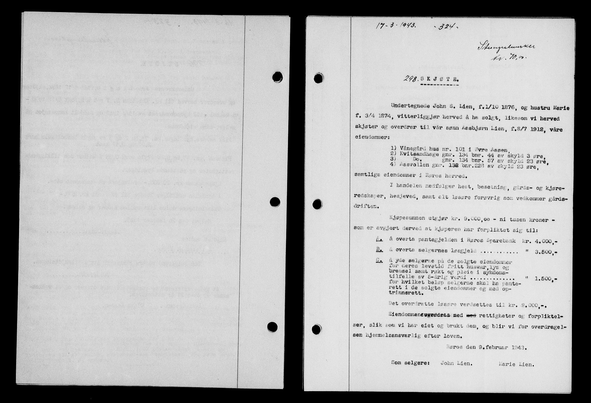 Gauldal sorenskriveri, SAT/A-0014/1/2/2C/L0056: Pantebok nr. 61, 1942-1943, Dagboknr: 298/1943