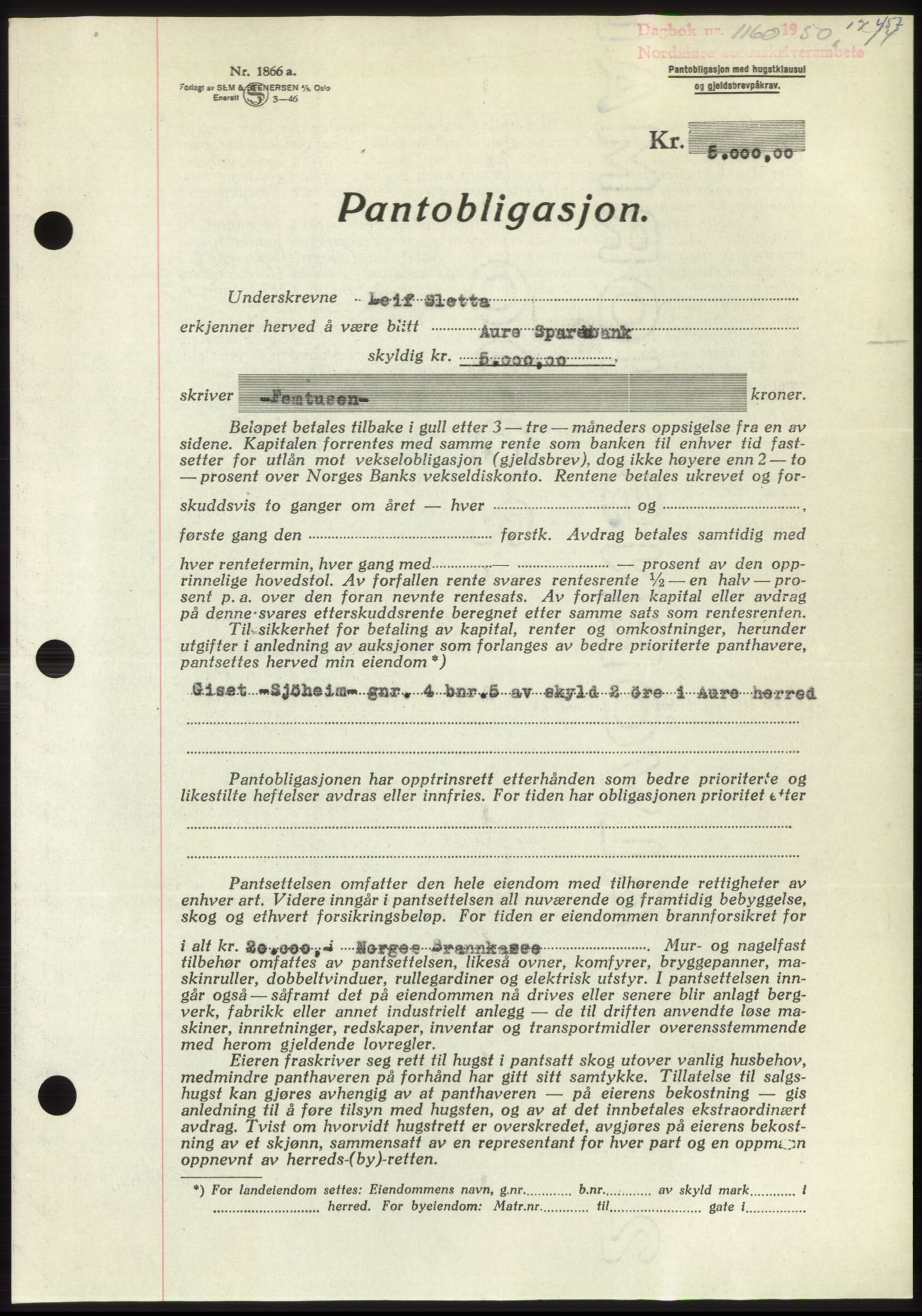 Nordmøre sorenskriveri, SAT/A-4132/1/2/2Ca: Pantebok nr. B104, 1950-1950, Dagboknr: 1160/1950