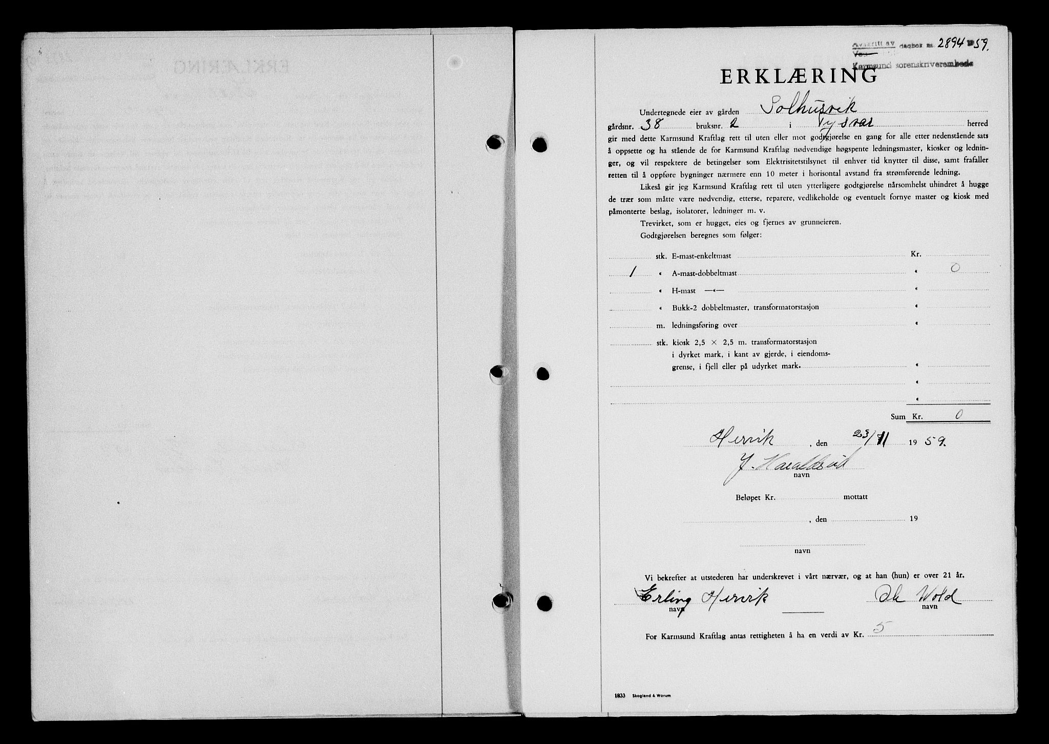 Karmsund sorenskriveri, SAST/A-100311/01/II/IIB/L0132: Pantebok nr. 112A, 1959-1959, Dagboknr: 2894/1959
