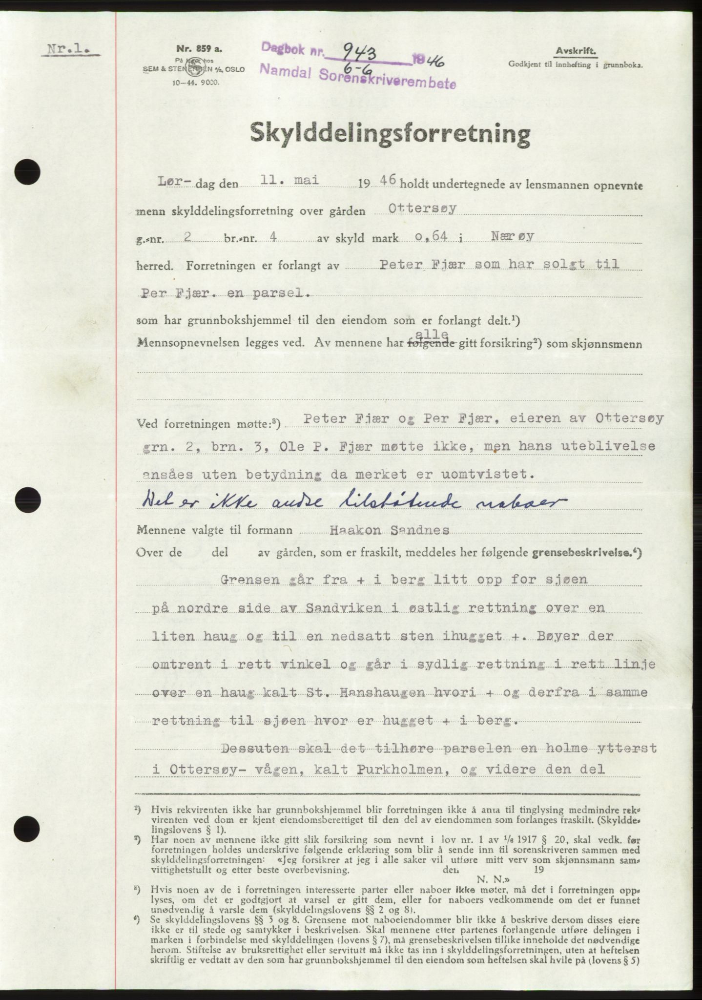 Namdal sorenskriveri, SAT/A-4133/1/2/2C: Pantebok nr. -, 1946-1946, Dagboknr: 943/1946