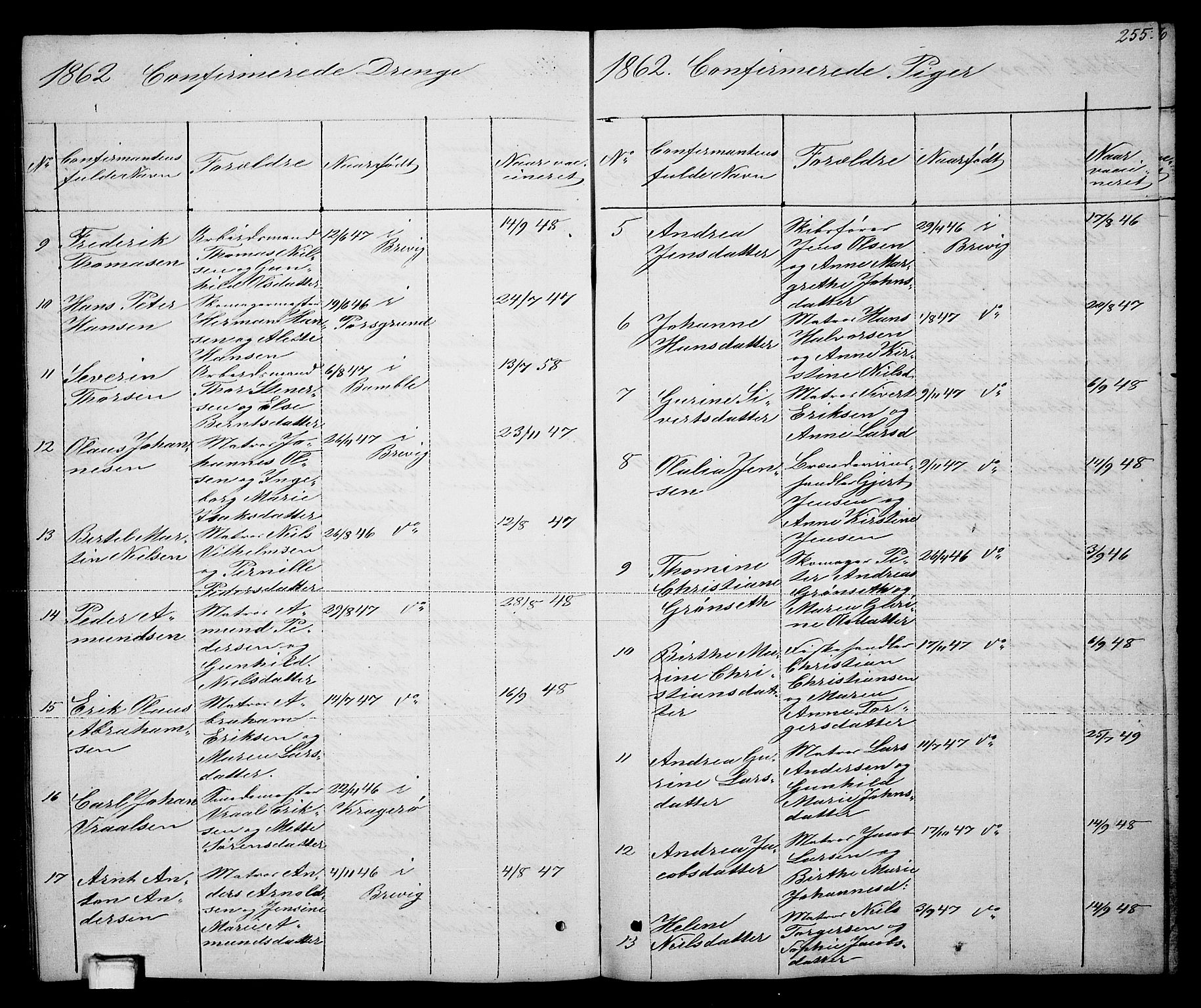 Brevik kirkebøker, AV/SAKO-A-255/G/Ga/L0002: Klokkerbok nr. 2, 1846-1865, s. 255