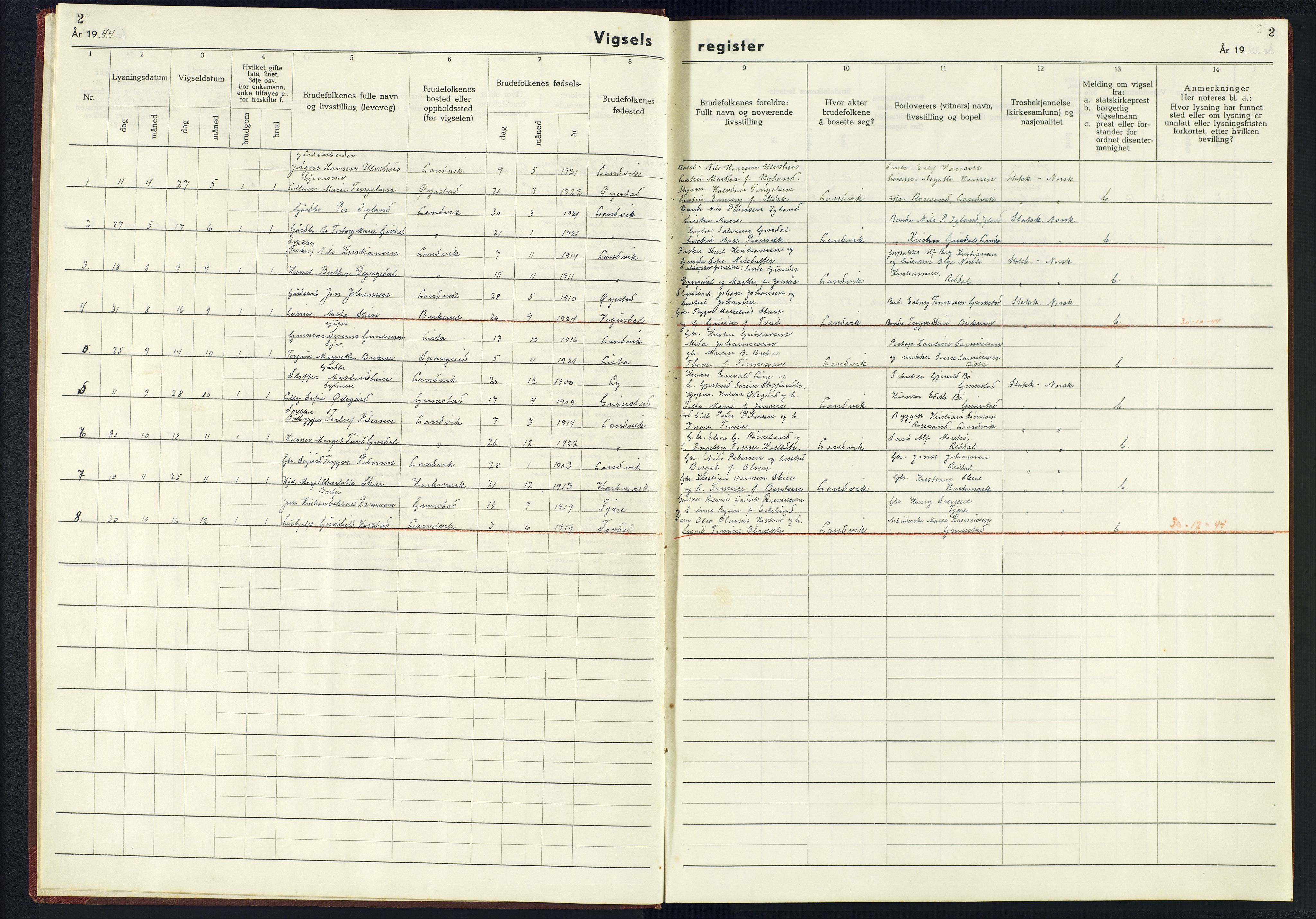 Hommedal sokneprestkontor, SAK/1111-0023/J/Jf/L0003: Vigselsregister nr. 3, 1943-1945, s. 2