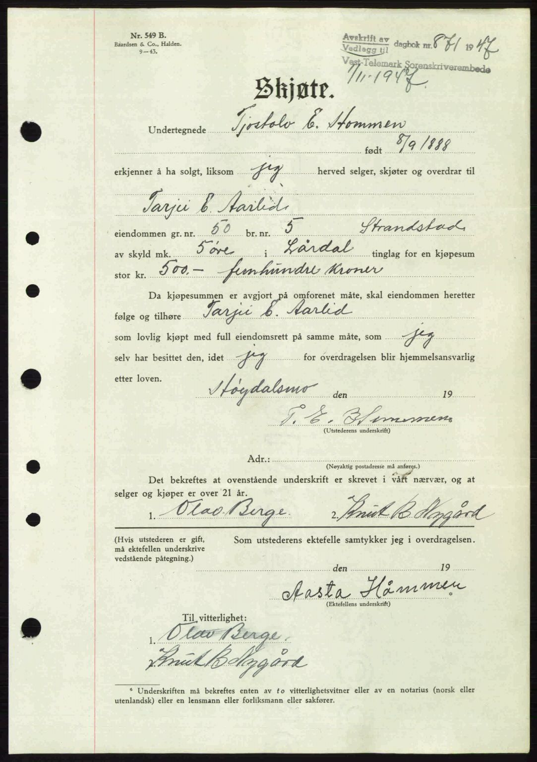 Vest-Telemark sorenskriveri, SAKO/A-134/G/Ga/Gac/L0008: Pantebok nr. A-8, 1947-1948, Dagboknr: 871/1947