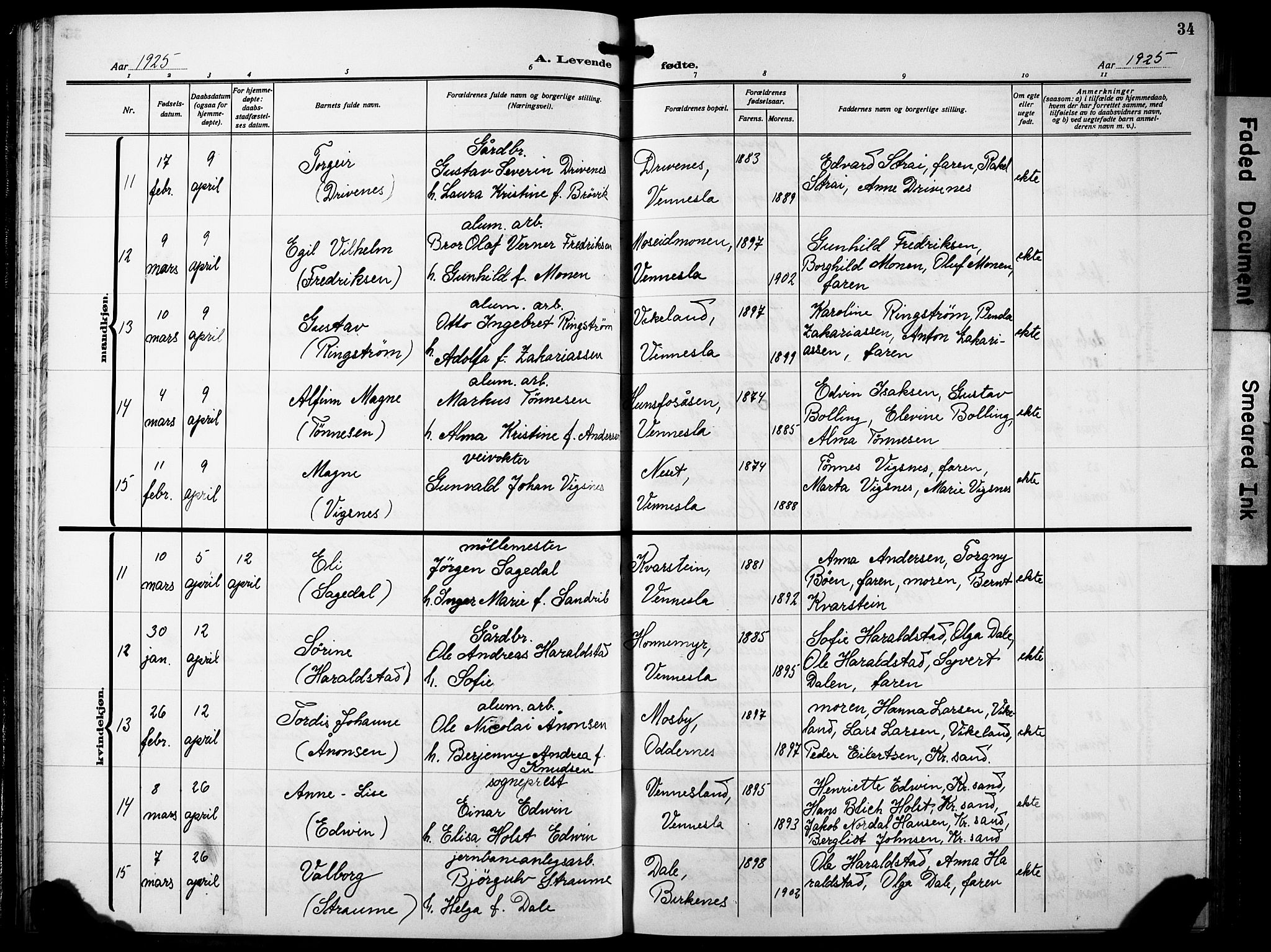 Vennesla sokneprestkontor, AV/SAK-1111-0045/Fb/Fbb/L0007: Klokkerbok nr. B 7, 1922-1933, s. 34