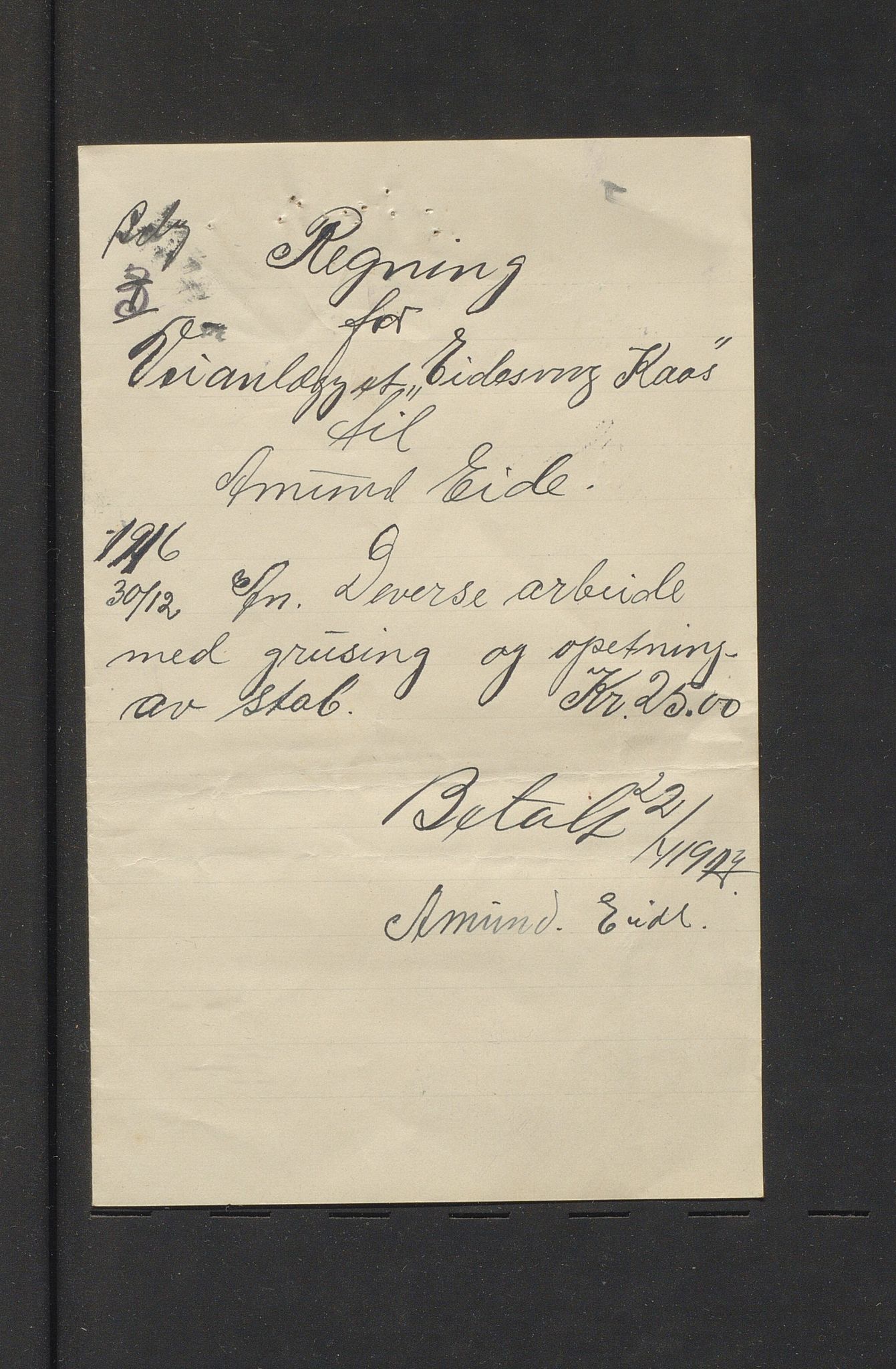 Bømlo kommune. Formannskapet, IKAH/1219-021/E/Ea/L0005/0005: Emneordna korrespondanse / Rekneskap for bygdevegsbygget Eidesvåg-Kås, 1914-1915