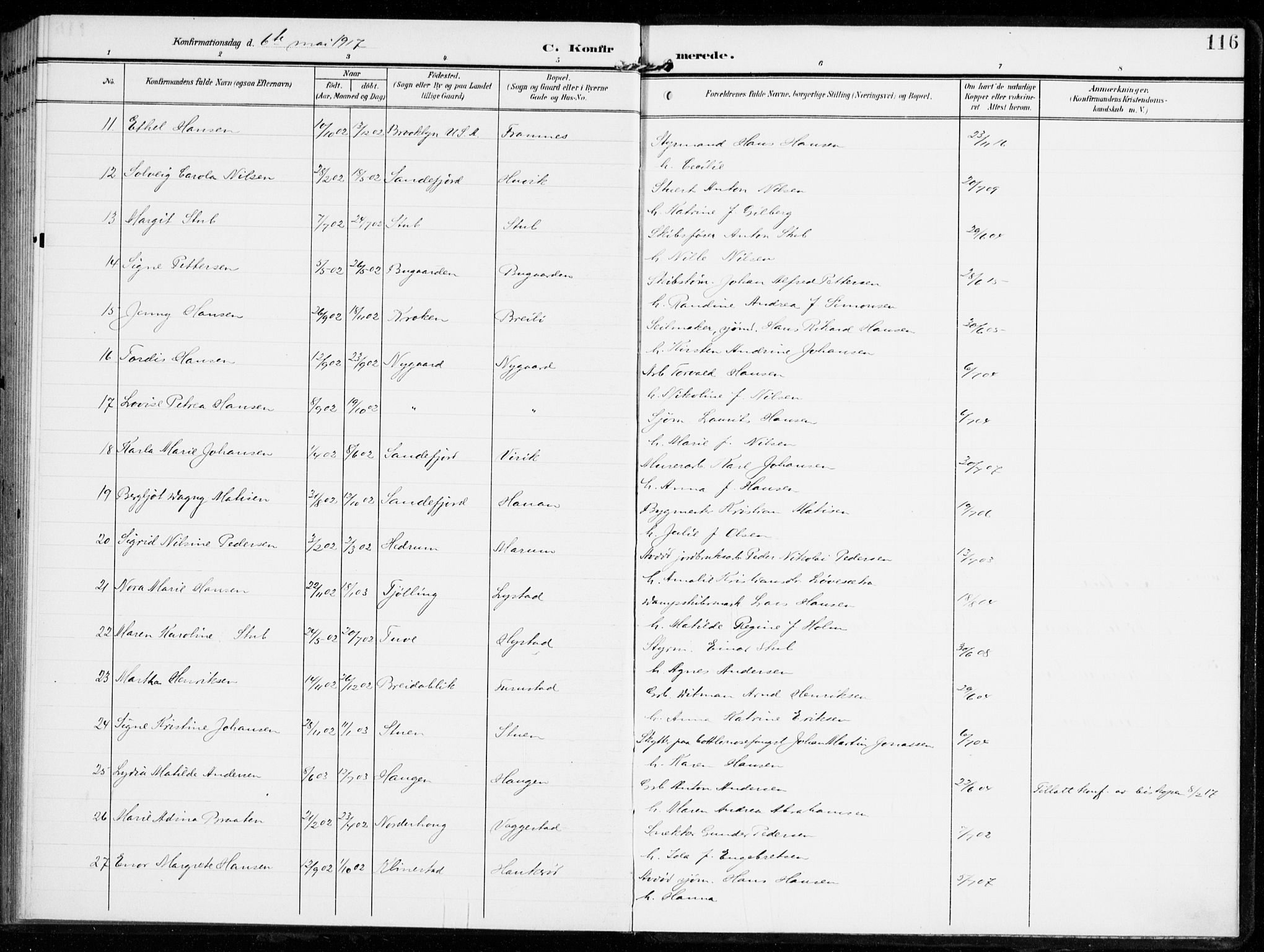 Sandar kirkebøker, AV/SAKO-A-243/F/Fa/L0017: Ministerialbok nr. 17, 1907-1917, s. 116