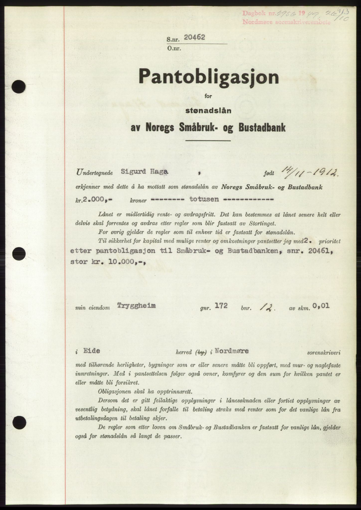 Nordmøre sorenskriveri, AV/SAT-A-4132/1/2/2Ca: Pantebok nr. B102, 1949-1949, Dagboknr: 2956/1949